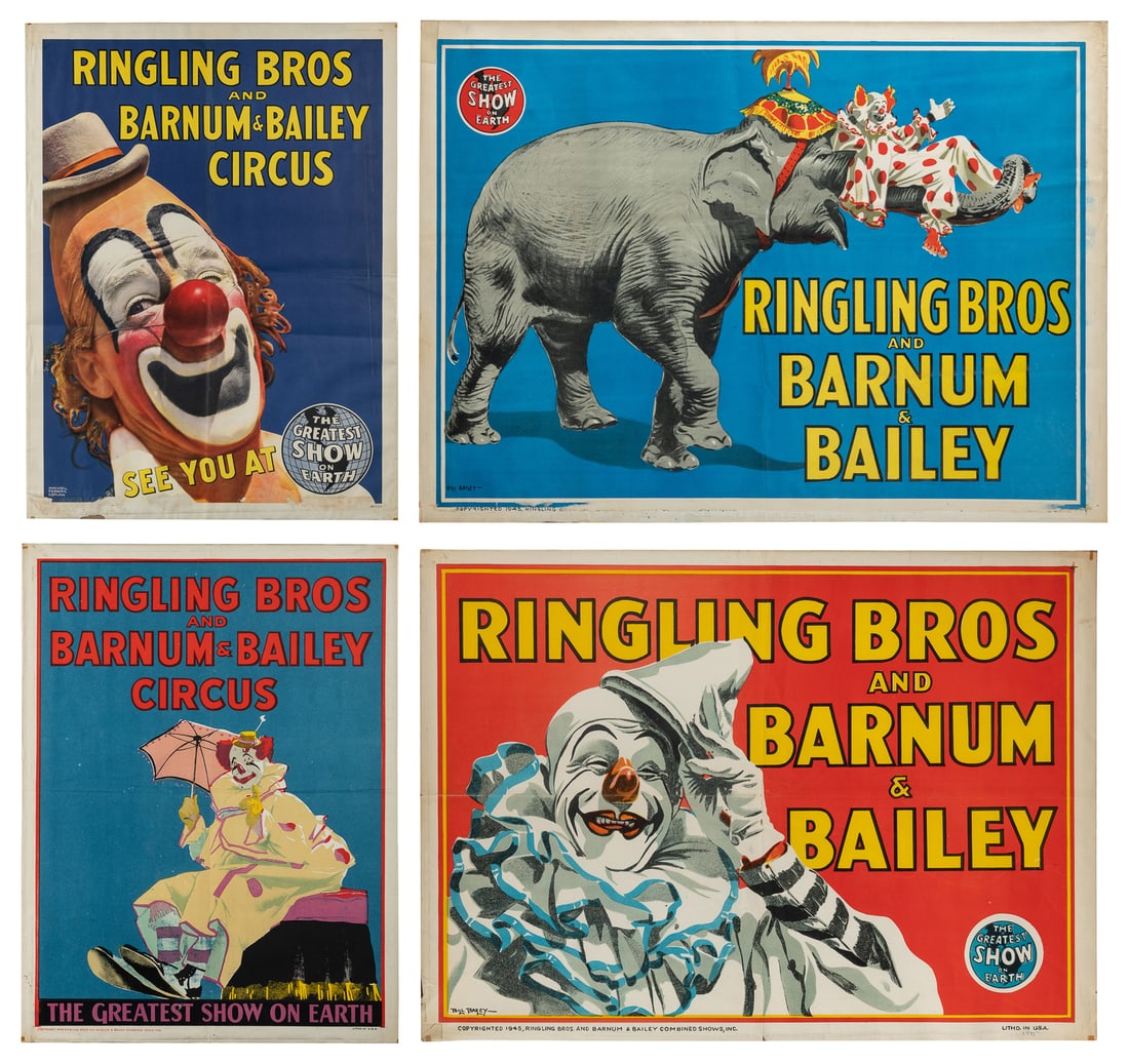 Ringling Bros. and Barnum & Bailey Circus. Four posters.: Ringling Bros. and Barnum & Bailey Circus. Four posters. Circa 1940s. Color lithograph half-sheet posters, with four classic designs for The Greatest Show on Earth featuring its famous clowns Felix Ad