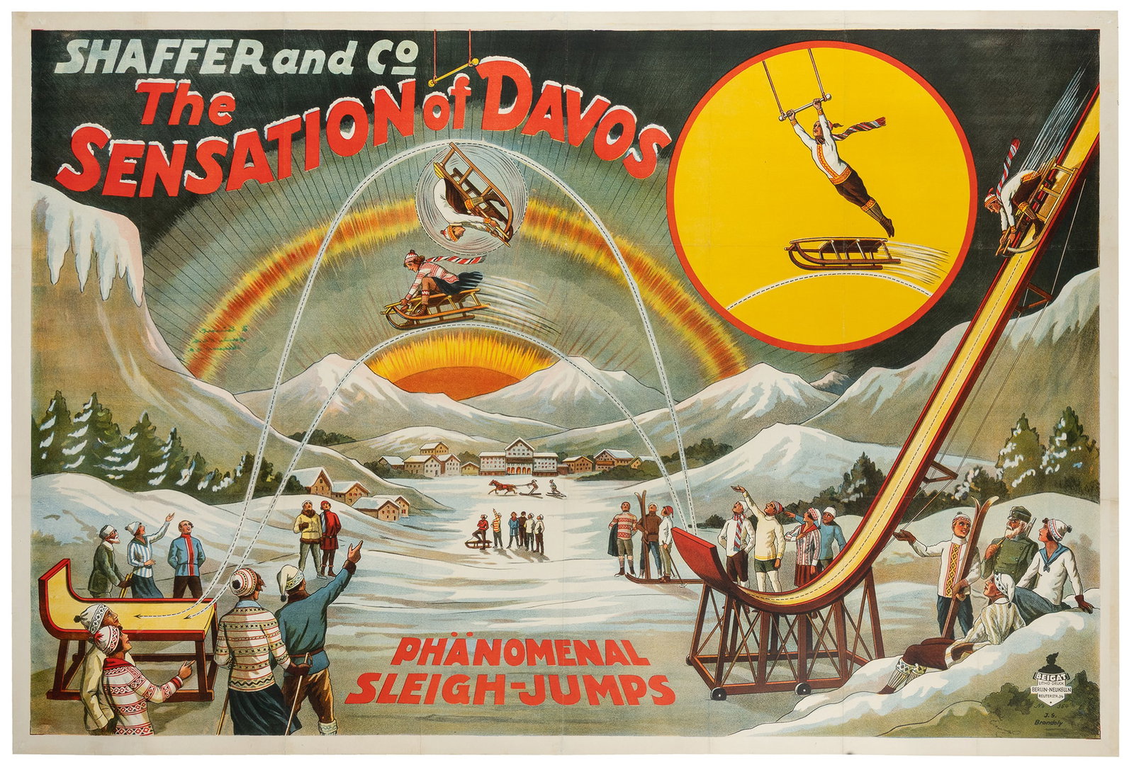 BRANDOLY, J. S. Shaffer and Co / The Sensation of Davos. Berlin: Beitgat, ca. early 20th century.: BRANDOLY, J. S. (ca. late 19th century). Shaffer and Co / The Sensation of Davos. Berlin: Beitgat, ca. early 20th century. Color lithograph. Features "Phänomenal Sleigh-Jumps," showcasing daring