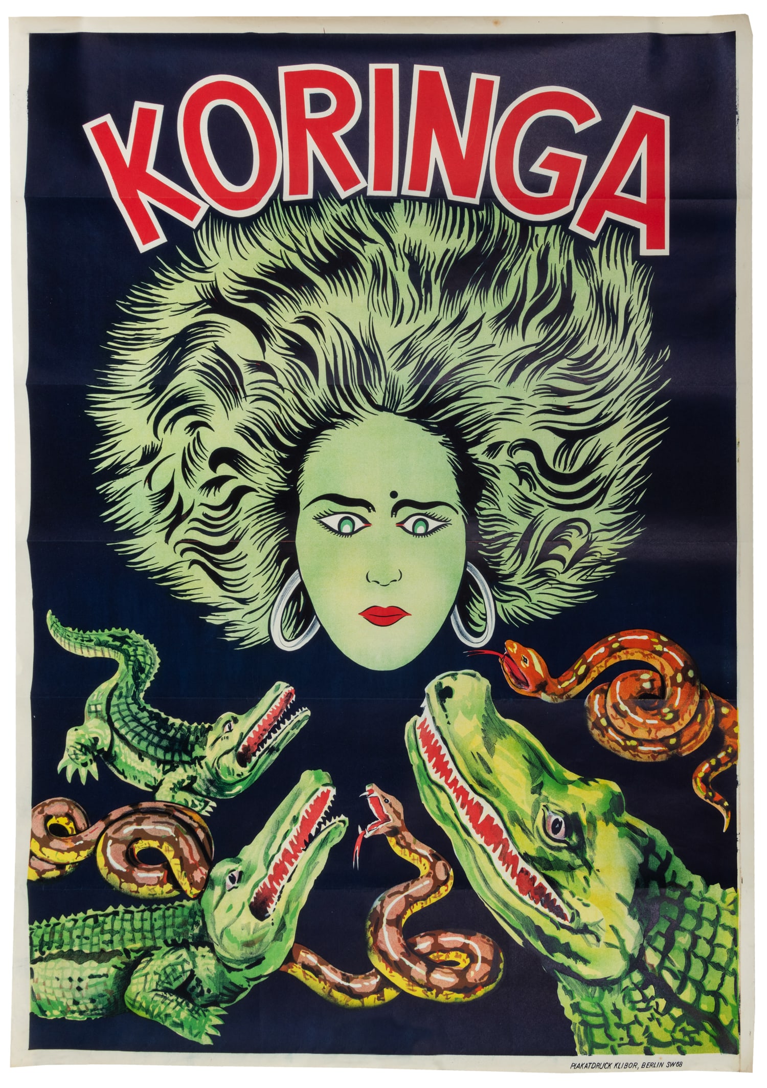 KORINGA (Renee Bernard, 1913 - 1976). Koringa.: KORINGA (Renee Bernard, 1913 - 1976). Koringa. Berlin: Klibor, ca. 1930s. Color lithograph poster showing snakes and crocodiles drawn toward Koringa's glowing green head. Paper. 48 1/2 x 35".