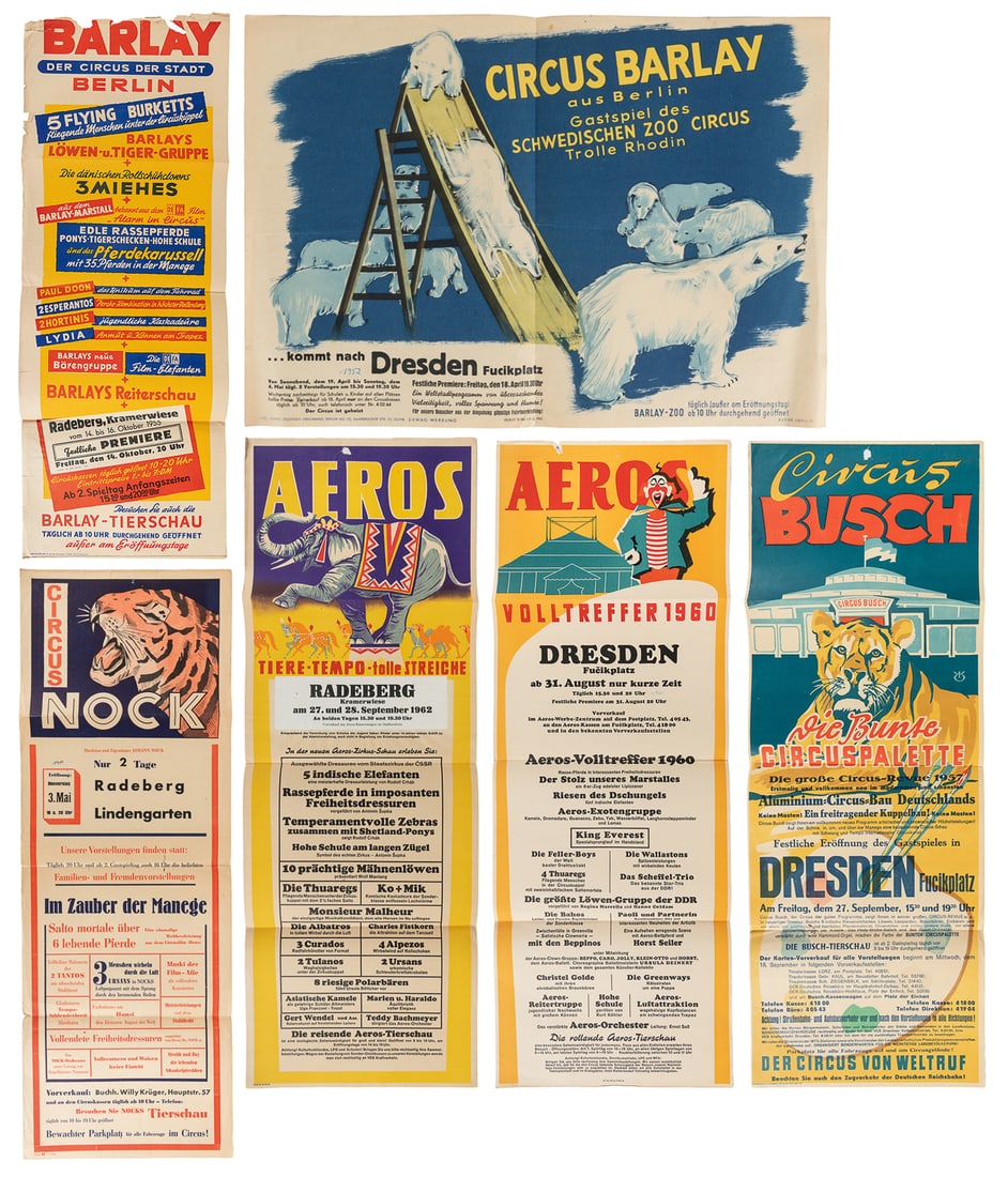Group of 14 German Circus Posters. 1950s-60s.: Group of 14 German Circus Posters. 1950s-60s. Including 2 for Circus Barlay, 1 for Circus Nock, 4 for Aeros, and 7 for Busch. Images feature circus tents, clowns, sliding polar bears, growling
