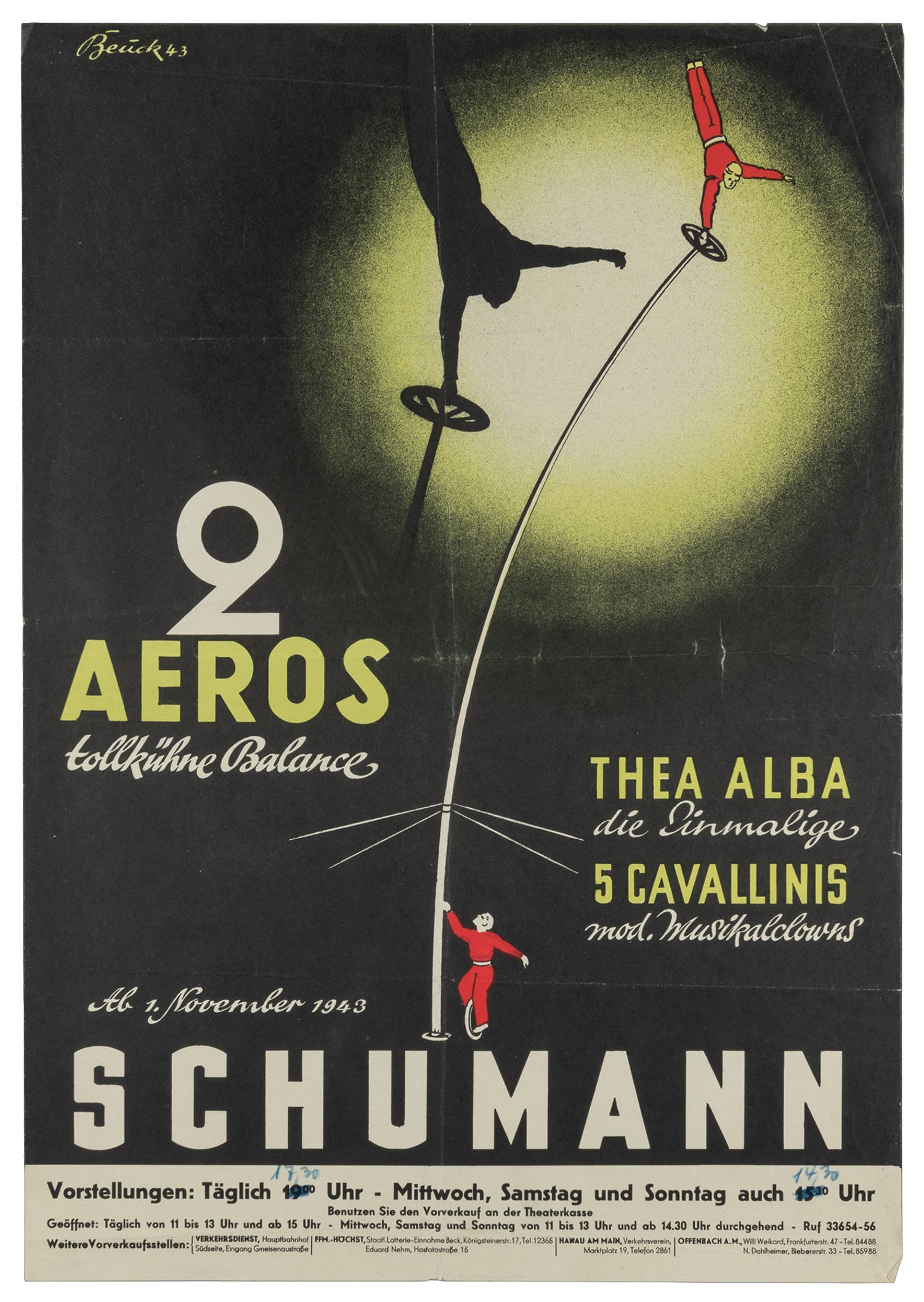 BEUCK. Schumann / 2 Aeros. 1943.: BEUCK. Schumann / 2 Aeros. 1943. Color lithograph German poster for the Schumann circus featuring Thea Alba and the 5 Cavallinis, and depicting a performer doing a handstand on a tall pole held by a