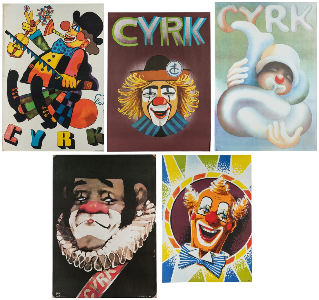 [VARIOUS DESIGNERS]. Group of 5 Clown Cyrk Posters. Circa 1970s.: [VARIOUS DESIGNERS]. Group of 5 Clown Cyrk Posters. Circa 1970s. Paper. Sizes vary: 38 x 26 1/4" or smaller