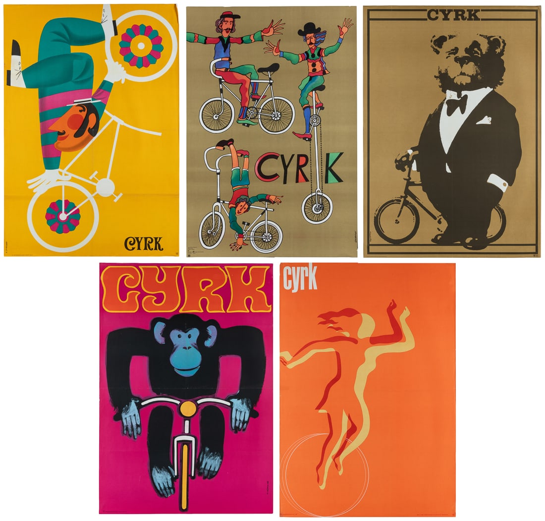 [VARIOUS DESIGNERS]. Group of 5 Cyrk Posters with Performers and Animals on Bi- or Unicycles. Circa (1 of 6)