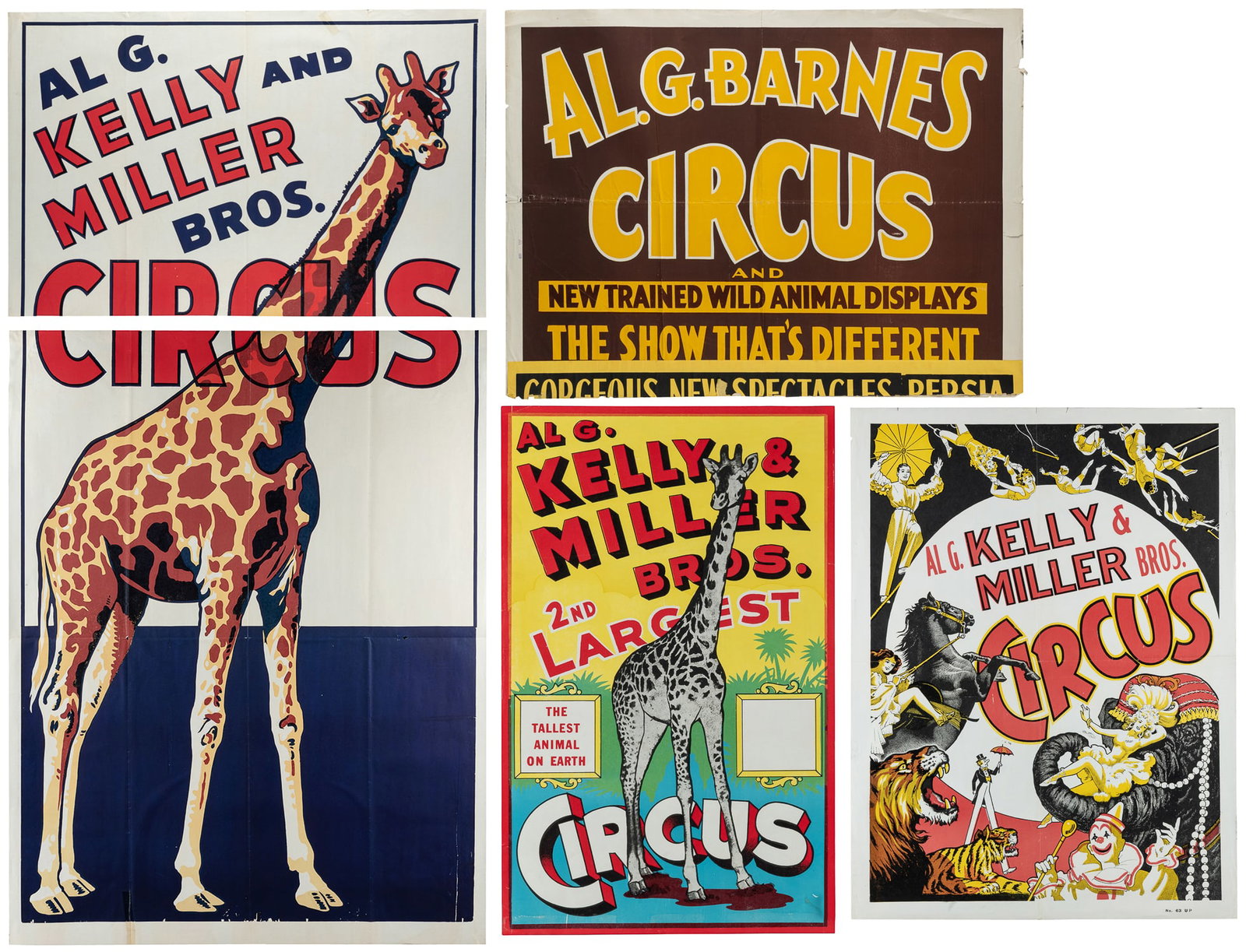 Al. G. Kelly and Miller Bros / Circus. Circa 1950s.: Al. G. Kelly and Miller Bros Circus Posters, 4. Circa mid-20th century. Color lithographs. Including: 1. Three-sheet poster featuring a giraffe. 2. Poster featuring circus acts: equestrian, tigers, cl