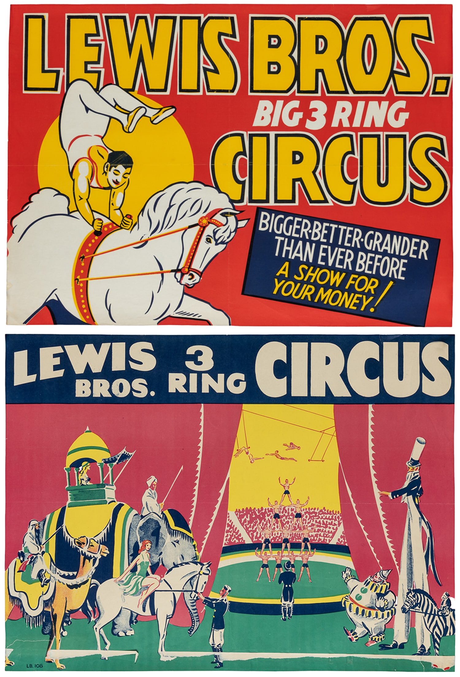 Pair of Lewis Bros. 3 Ring Circus Posters. Circa 1940s. (1 of 3)