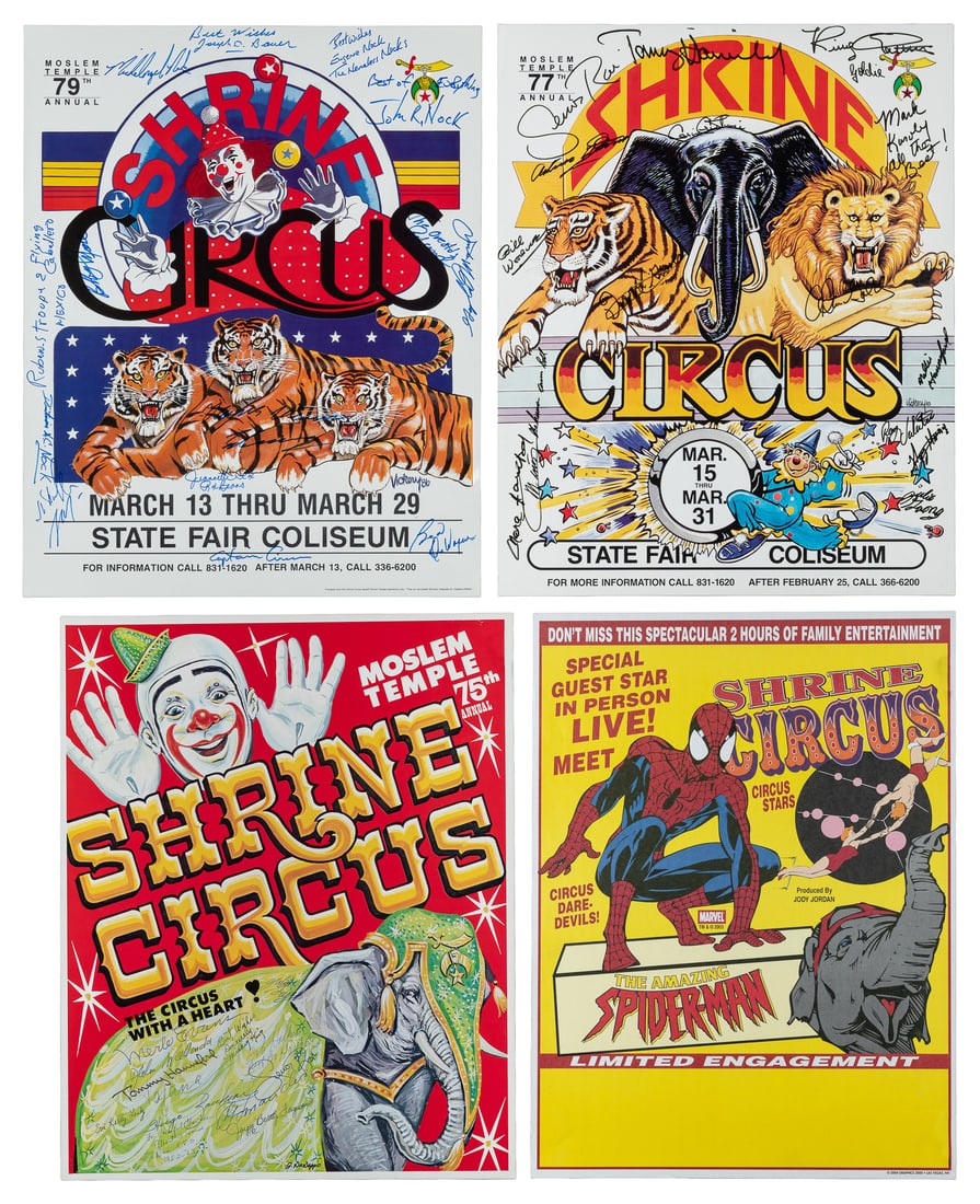 Group of 4 Shrine Circus Posters. 1980s/2004.: Group of 4 Shrine Circus Posters. 1980s/2004. Three are from the 1980s, advertising the 75th, 77th, and 79th annual Moslem Temple shows, and contain several signatures, including Merle Evans (legendar