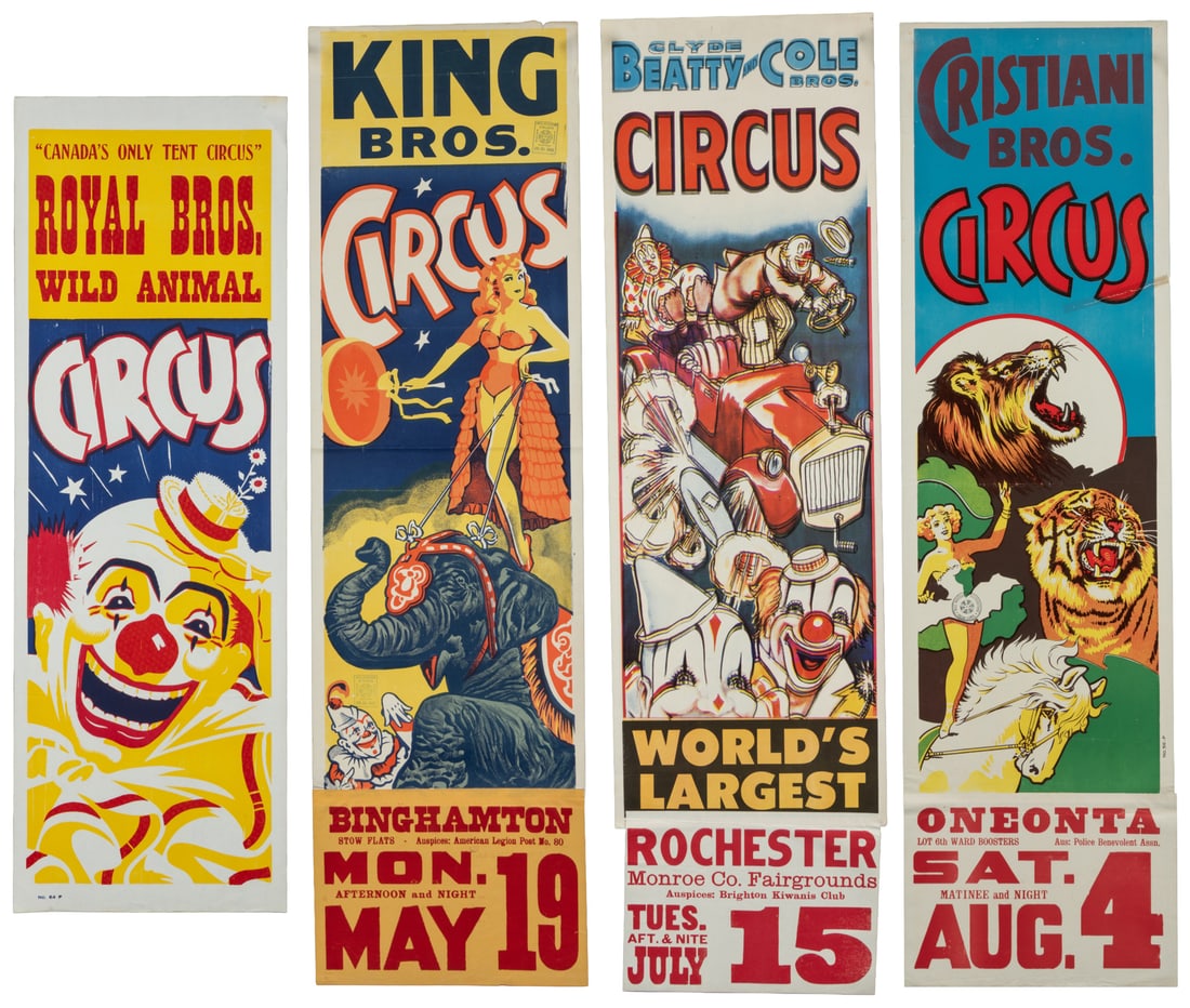 Group of 8 circus panel posters.: Group of 8 circus panel posters. American, ca. 1960s-70s. Various designs and circuses including King Bros., Clyde Beatty-Cole, Cristiani, and Royal Bros. All paper. Size generally 41 x 14".