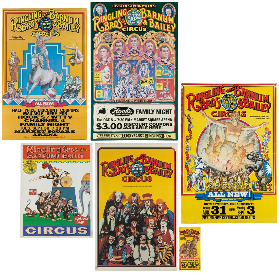 Ringling Bros. and Barnum & Bailey Circus. Group of 13 posters.: Ringling Bros. and Barnum & Bailey Circus. Group of 13 posters. Bulk 1970s-80s. All paper. Sizes vary; generally 37 x 28", a few larger including one with separate title sheet.