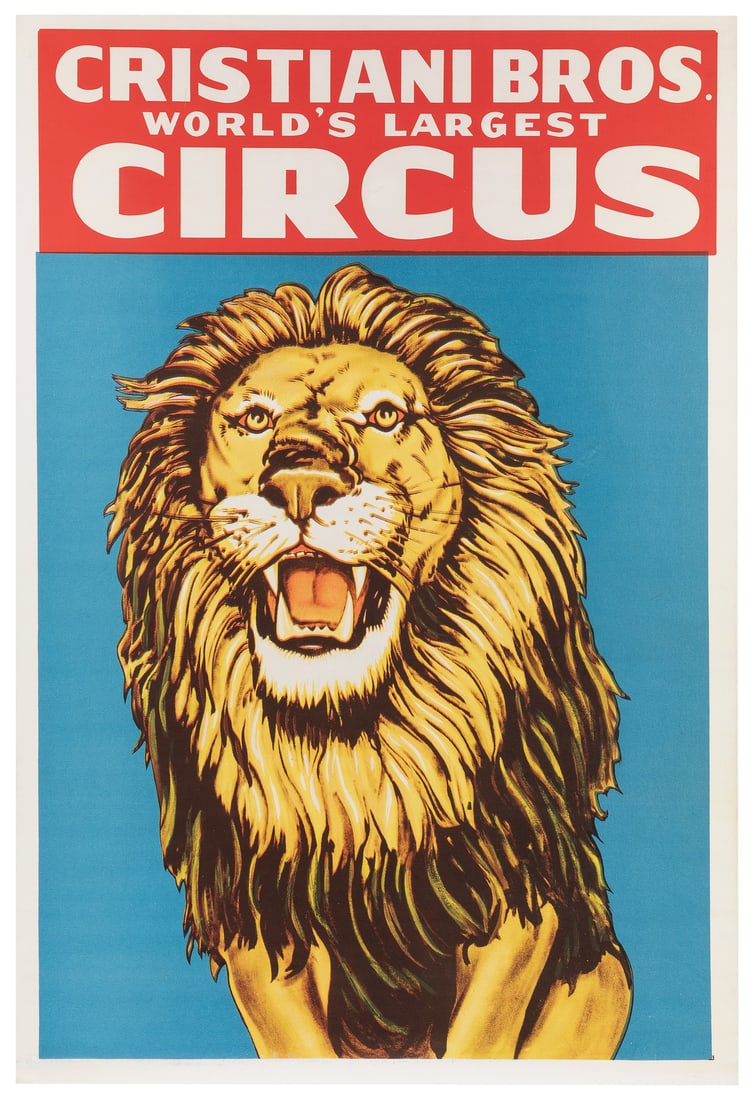 Cristiani Bros. World's Largest Circus / Lion.: Cristiani Bros. World's Largest Circus / Lion. Circa 1950/60s. Color lithograph one-sheet poster of a large roaring lion on a blue background. One Linen backed. 41 x 28".