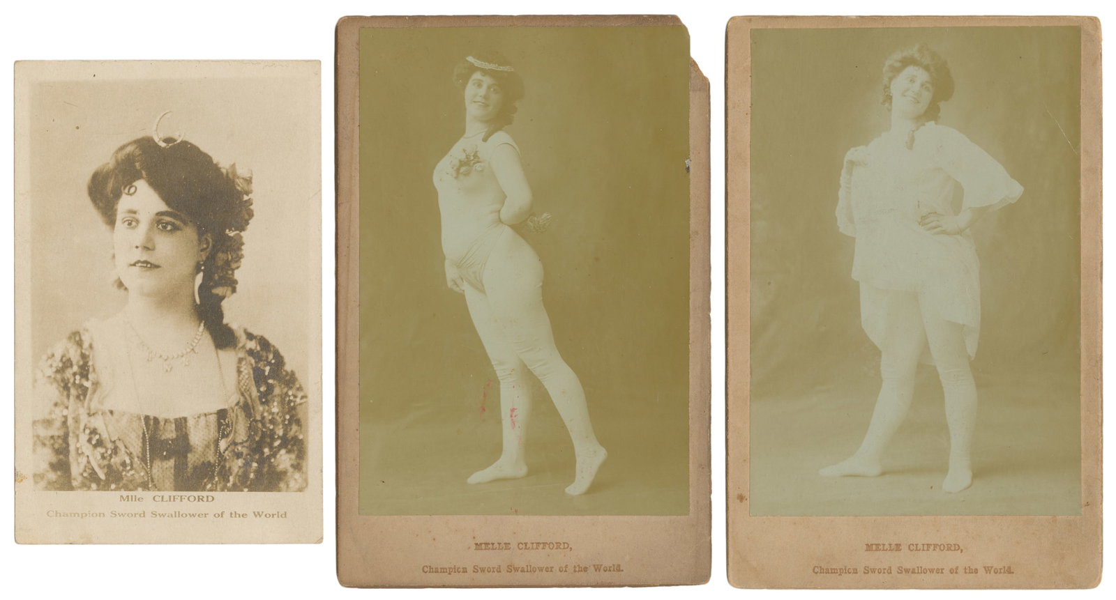 [SWORD SWALLOWER]. CLIFFORD, Edith. Pair of Cabinet Cards and a Postcard of Mademoiselle Clifford, (1 of 1)