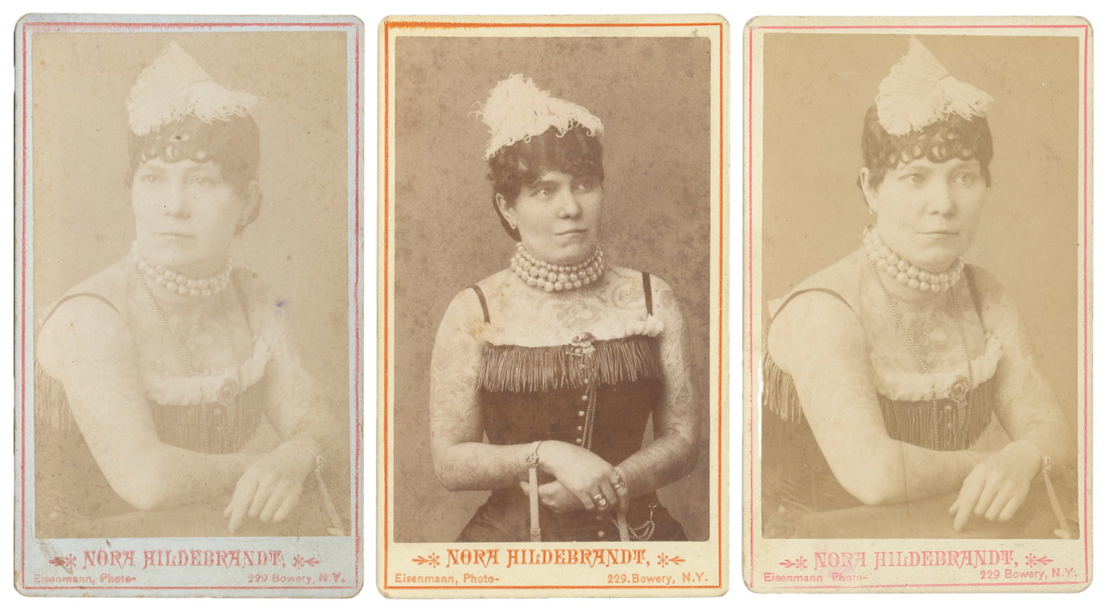 [TATTOO]. HILDEBRANDT, Nora (1857-1927). Three CDVs of Tattooed Lady Nora Hildebrandt.: [TATTOO]. HILDEBRANDT, Nora (1857-1927). Three CDVs of Tattooed Lady Nora Hildebrandt. New York: Charles Eisenmann, ca. 1880. Bust-length portraits of Barnum and Bailey's first Tatooed Lady. Each on s