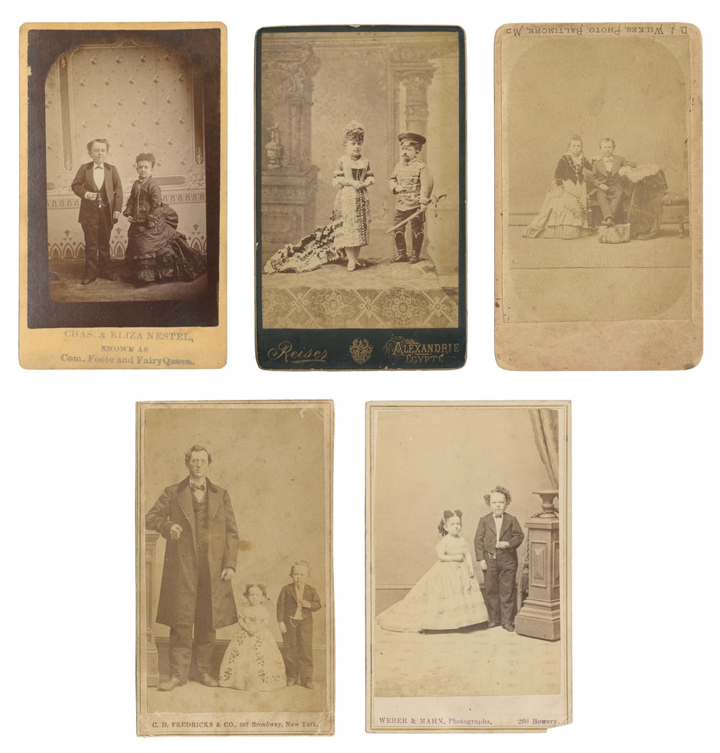 [LITTLE PEOPLE]. Five CDVs Featuring Dwarf Couples. American, late 19th century.: [LITTLE PEOPLE]. Five CDVs Featuring Dwarf Couples. American, late 19th century. Five carte-de-visite photographs, including three portrait cards of Chas & Eliza Nestel, known as Commodore and the Fai