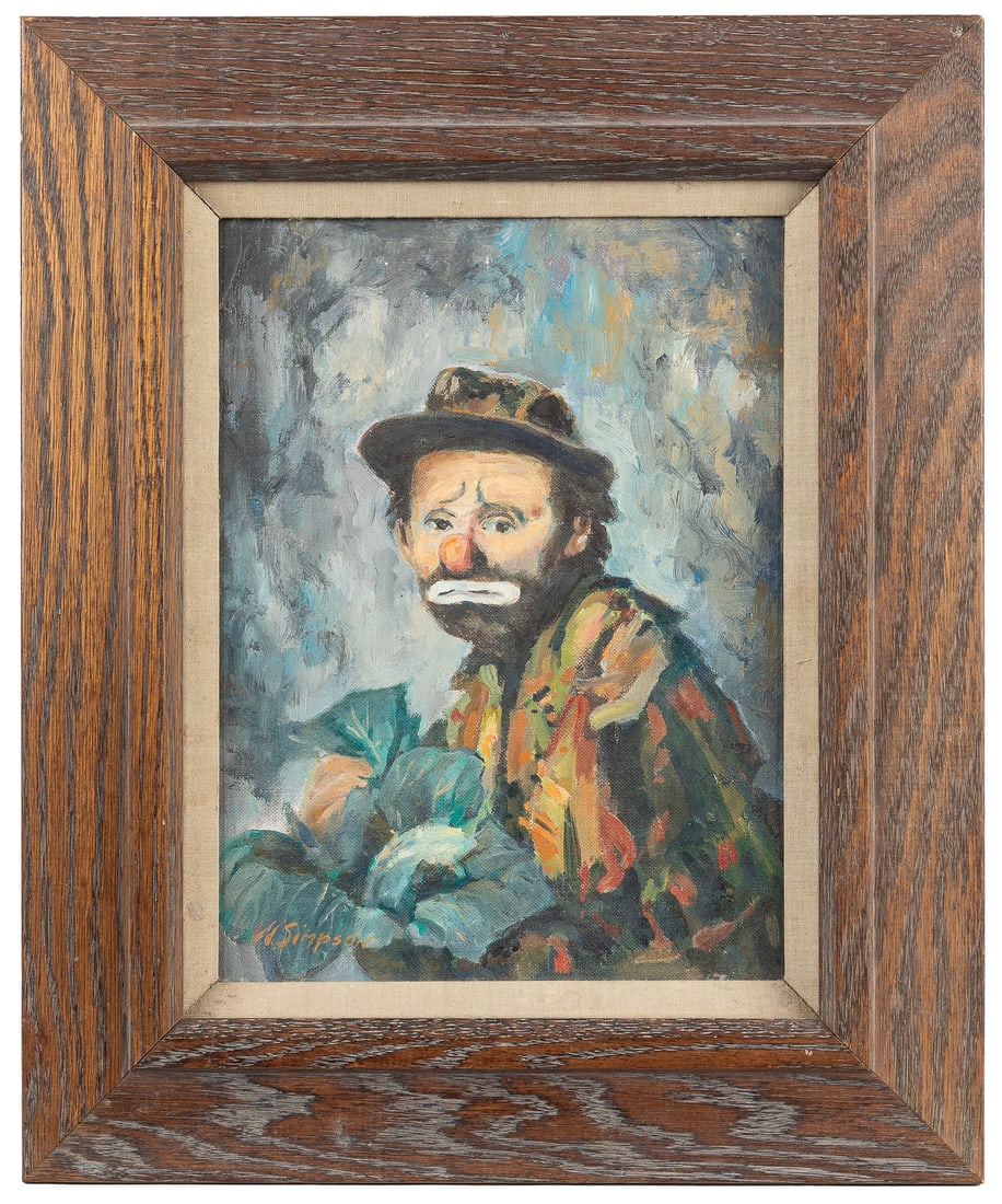SIMPSON, Warren W. Emmett Kelly. 20th century.: SIMPSON, Warren W. Emmett Kelly. 20th century. Oil on canvas, signed lower left, in wooden frame. 17 3/4 x 14 1/2" overall.