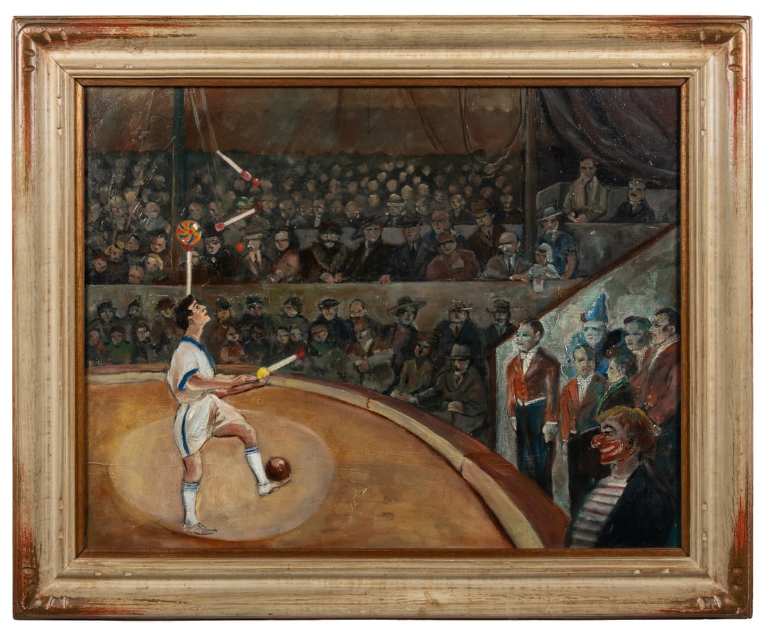 Enrico Rastelli Juggler. [Association. Italian, 1896-1931]. Artist Unknown. 1931.: Enrico Rastelli Juggler. [Association. Italian, 1896-1931]. Artist Unknown. 1931. Oil on canvas. Unsigned. Inscribed verso name and death date, Errico Rastelli (image of cross) then date, 13. 12.