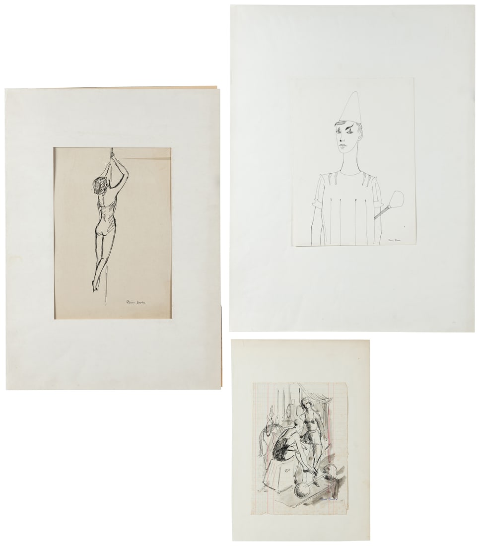 DEVOS, Pierre (Belgian, 1917-1972). Group of 3 Circus Drawings. Circa mid-20th century.: DEVOS, Pierre (Belgian, 1917-1972). Group of 3 Circus Drawings. Circa mid-20th century. Each signed. Ink on paper. Images include: Pierrot, a French theatrical clown; a pole dancer; and a circus scene