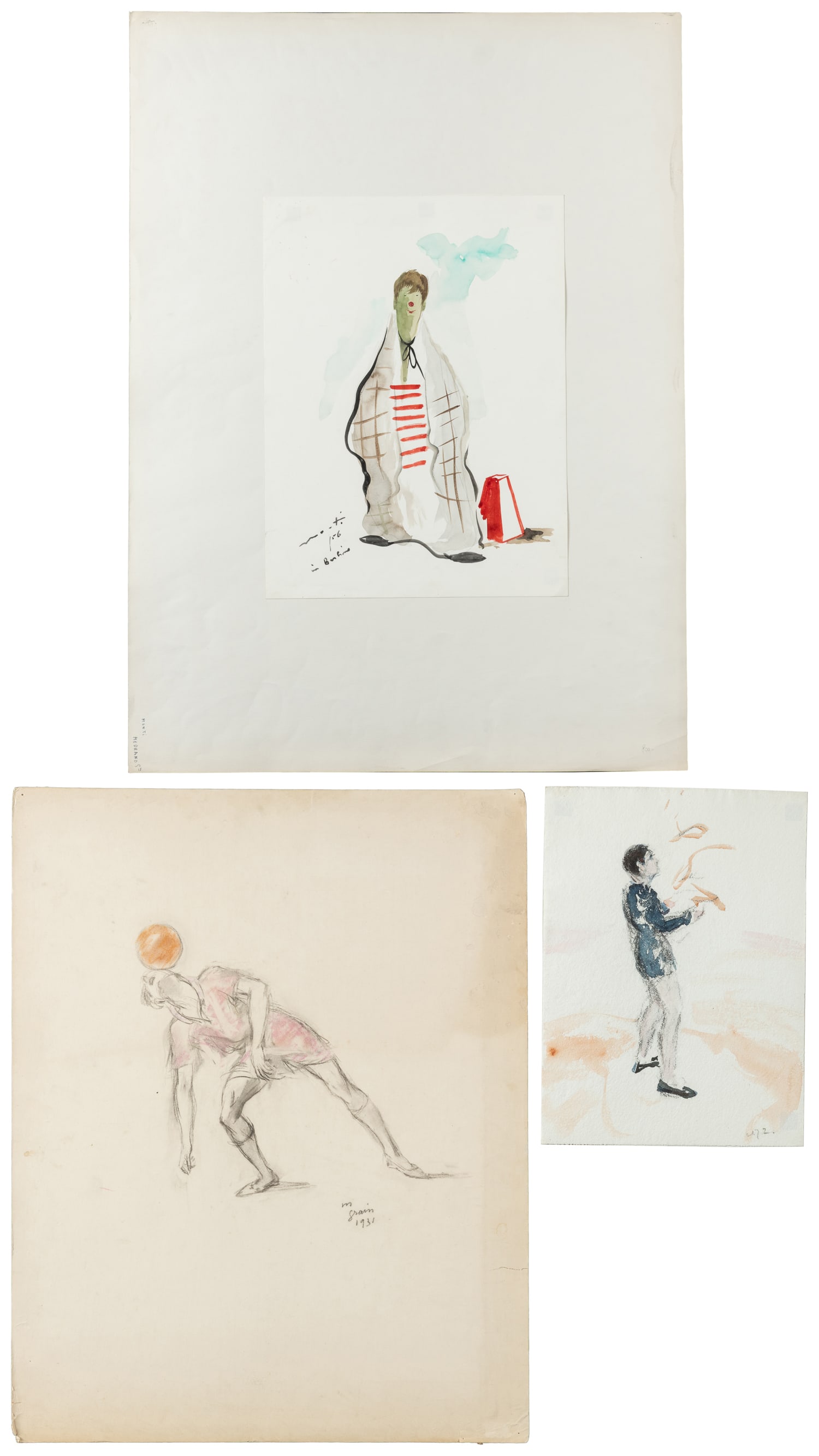 Three Circus Artworks. Mid-20th century.: Three Circus Artworks. Mid-20th century. Including: GRAIN, Marguerite (French, 1899–1986). Untitled (Circus Performer with Ball). Signed and dated 1931. Charcoal and pastel on paper laid down on