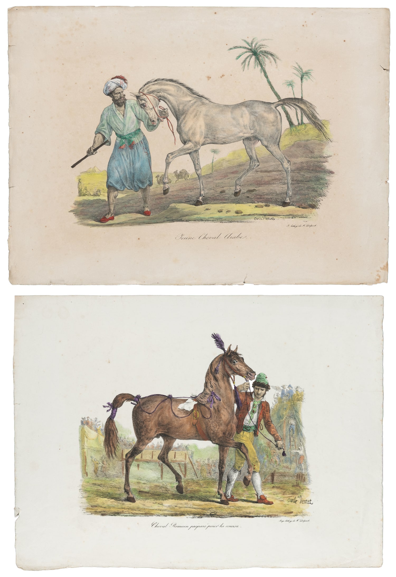 VERNET, Carle (French, 1758-1836). Two hand-colored lithographs. Paris: F. Delpech, n.d.: VERNET, Carle (French, 1758-1836). Two hand-colored lithographs. Paris: F. Delpech, n.d. Each signed in the plate and inscribed with respective title in the margin. Prints include: Cheval Romain