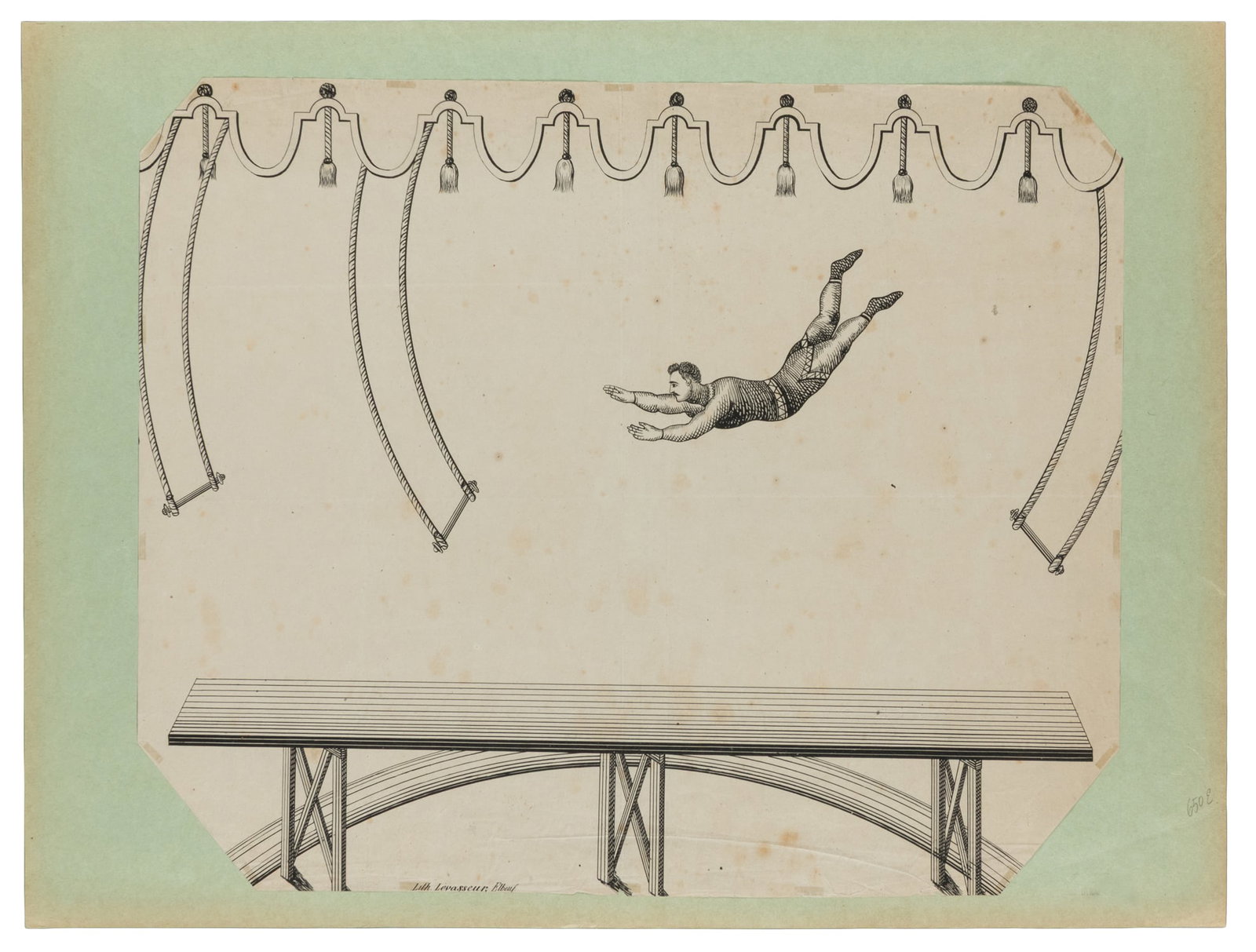 French trapeze artist lithograph.: French trapeze artist lithograph. Elbeuf: Lith. Levasseur, ca. 1860s-70s. Lithograph depicting a man leaping between trapeze bars above a platform. 17 1/8 x 21". Backed on light green paper.