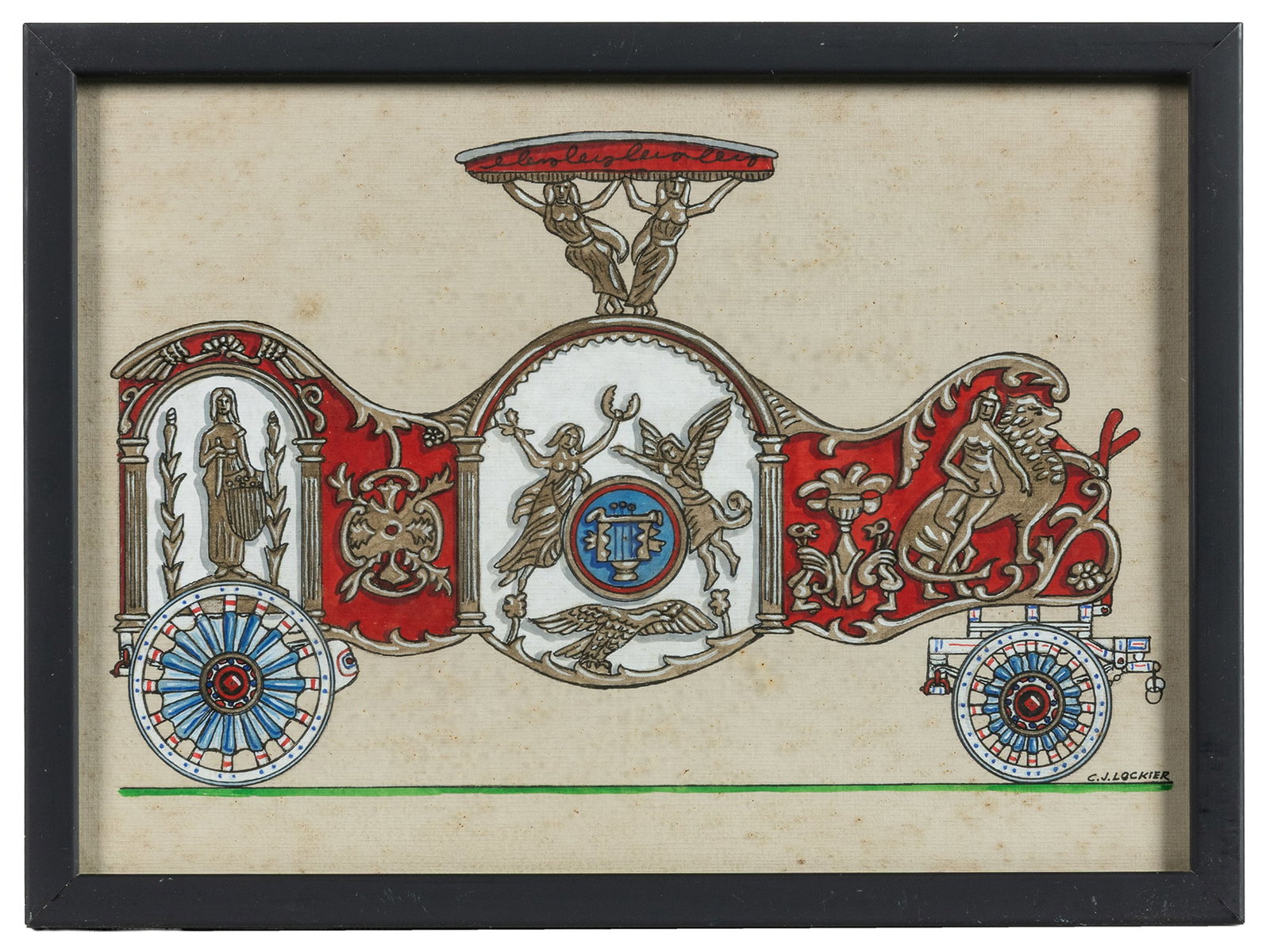 Circus wagon illustration by Charles J. Lockier.: Circus wagon illustration by Charles J. Lockier. Ink and watercolor illustration on Crescent board of a wagon by Lockier (1901 - 1975), a circus wagon collector and model builder. Framed, 8 1/2 x 11 1