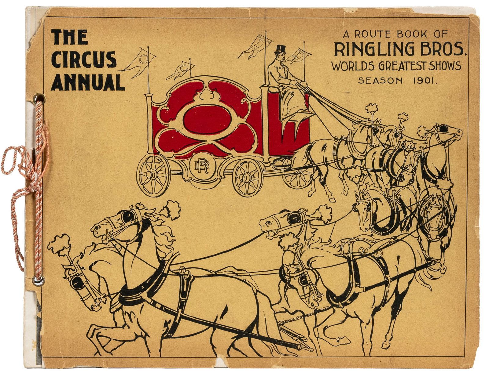 RINGLING, Alf. (compiler). The Circus Annual. Route Book of Ringling Bros. 1901.: RINGLING, Alf. (compiler). The Circus Annual. Route Book of Ringling Bros. 1901. Chicago: Central Printing & Engraving, 1901. Limp paper wrappers printed in two colors, string ties. Long fold-out