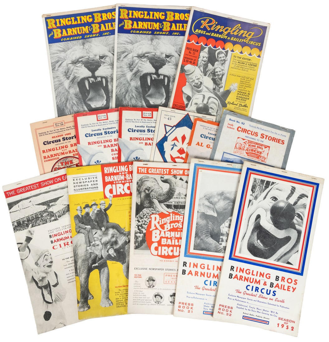Ringling Bros. and Barnum & Bailey. Collection of press books, 1925 - 64.: Ringling Bros. and Barnum & Bailey. Collection of press books, 1925 - 64. 25 press books covering nearly three decades, each in original stapled pictorial wrappers. The press books contain "exclusive