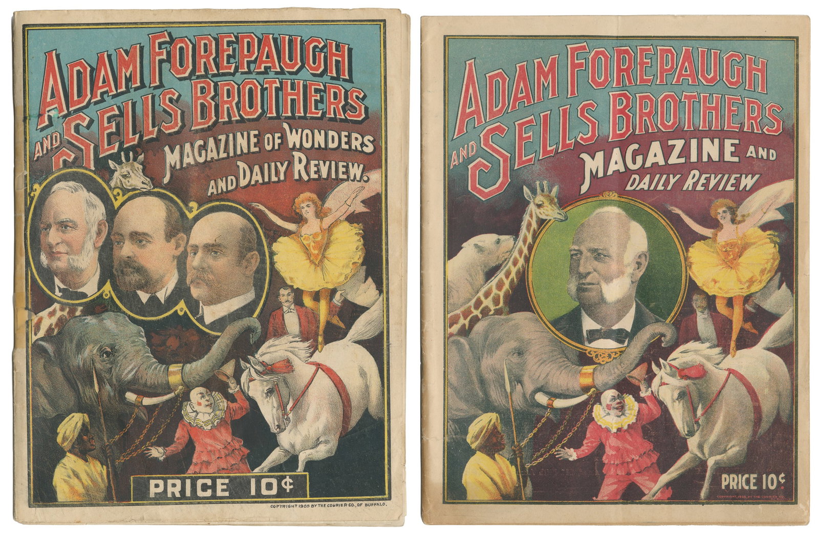 Adan Forepaugh & Sells Brothers. Group of 4 official programs.: Adan Forepaugh & Sells Brothers. Group of 4 official programs. Circa 1901-10. Staple-bound programs with color lithographed covers by the Courier Co., Buffalo. Illustrated. 4tos.