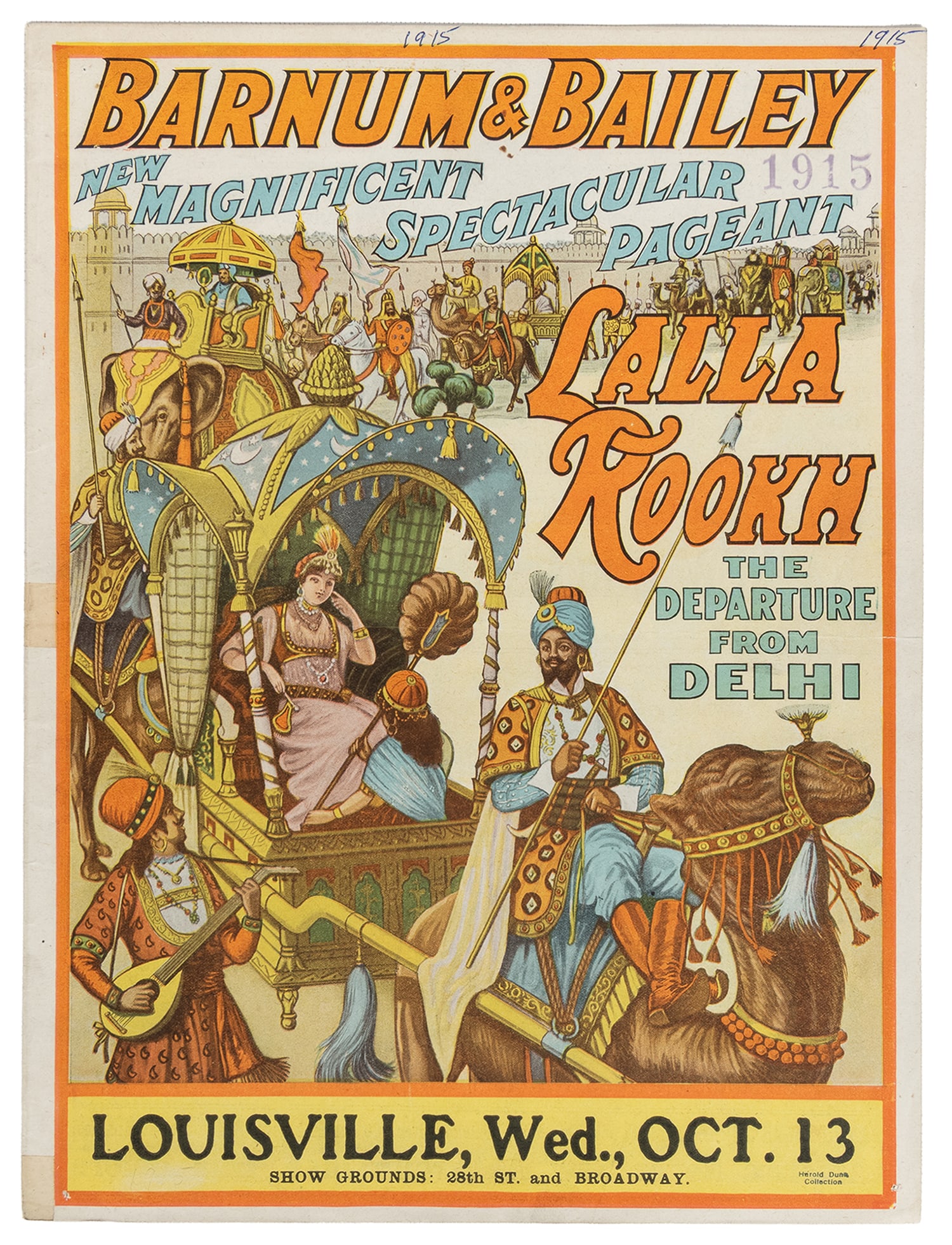 Barnum & Bailey Lalla Rookh circus courier.: Barnum & Bailey Lalla Rookh circus courier. 1915. Courier advertising the "magnificent spectacular pageant," overprinted for a date in Louisville, Oct. 13, 1915. 13 1/2 x 10".