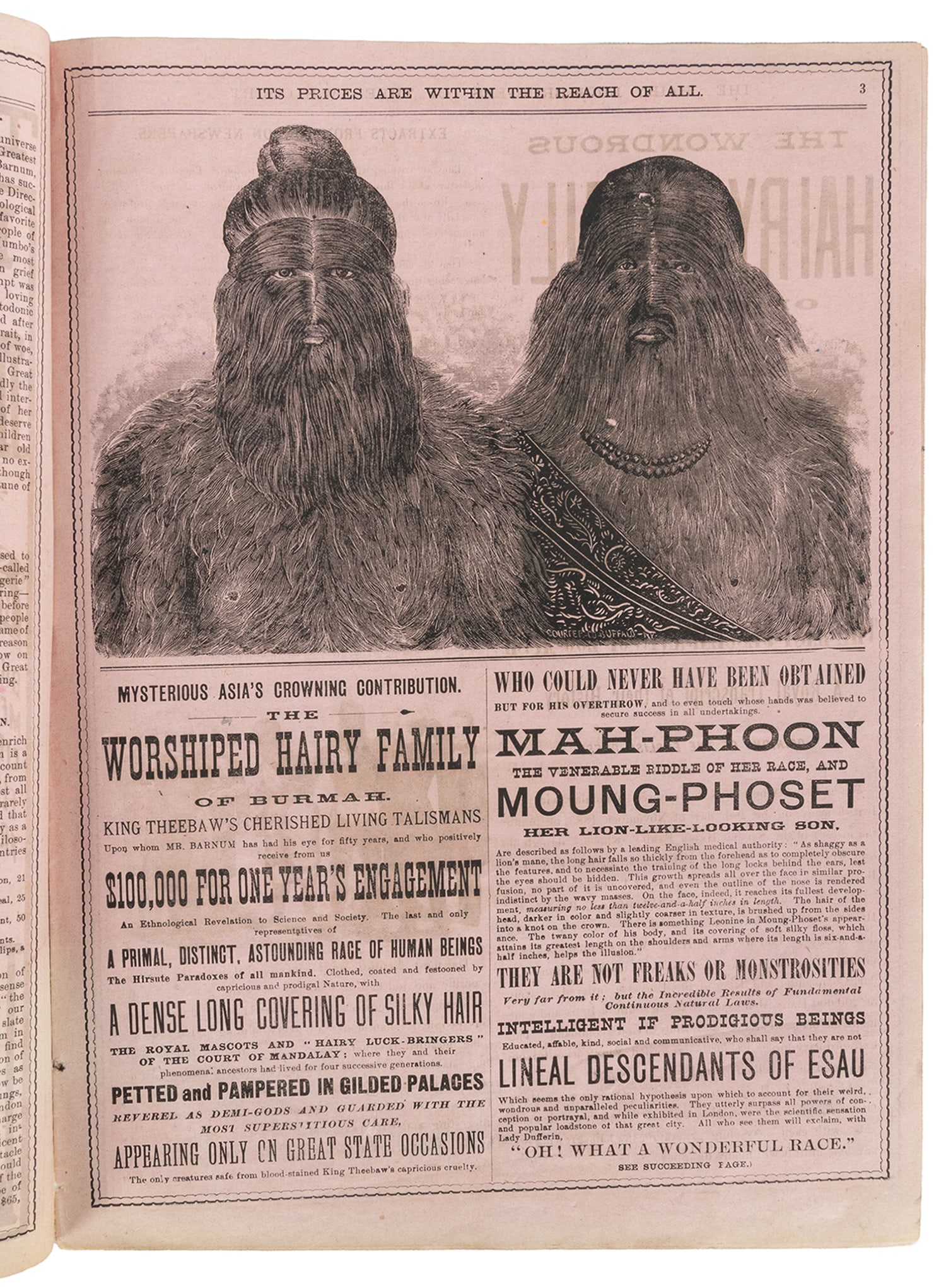 P.T. Barnum's Greatest Show on Earth and Great London Circus courier.: P.T. Barnum's Greatest Show on Earth and Great London Circus courier. Circa 1886. Sixteen-page courier on pale pink paper, numerous illustrations including Jumbo's skeleton, the Hairy Family of