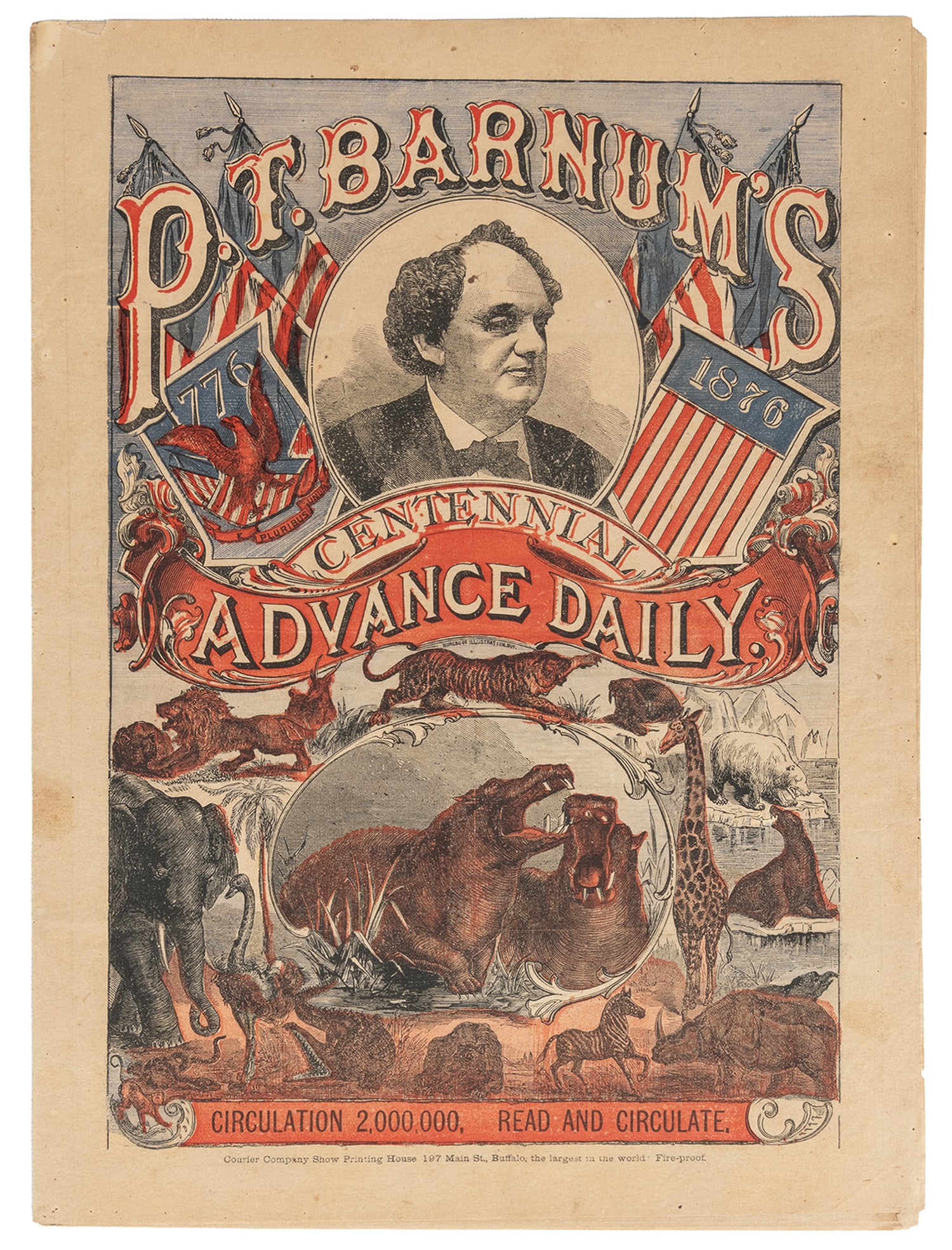 P.T. Barnum's Centennial Advance Daily courier.: P.T. Barnum's Centennial Advance Daily courier. Buffalo: Courier Company, 1876. Sixteen-page courier, cover printed in blue and red, advertising Barnum's American centennial show, illustrated