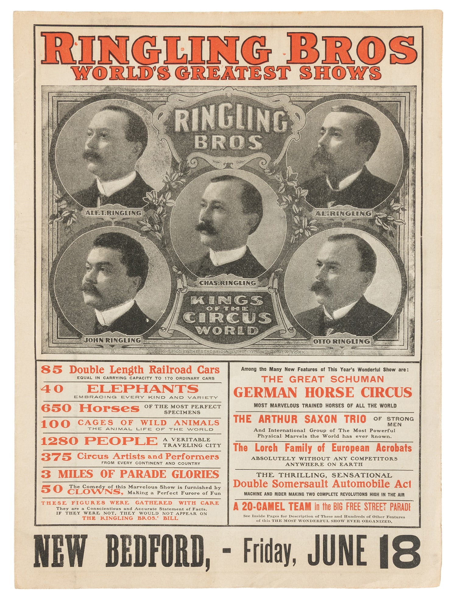 Ringling Bros. courier featuring Automobile Double Somersault.: Ringling Bros. World's Greatest Shows courier. Circa 1909. Original self-wrappers, 16 pages, the covers printed in red and black-and-white. Overprinted for an appearance in New Bedford, the back cover