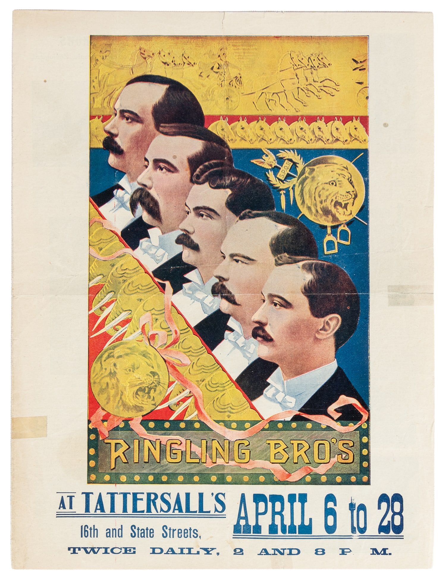 Ringling Bros. season opening courier, 1895.: Ringling Bros. courier. Np (Chicago?), (1895). Courier, [4]pp., the front and back cover printed in color. This was used for the season opening shows at Tattersall's arena in Chicago. When tenting sea