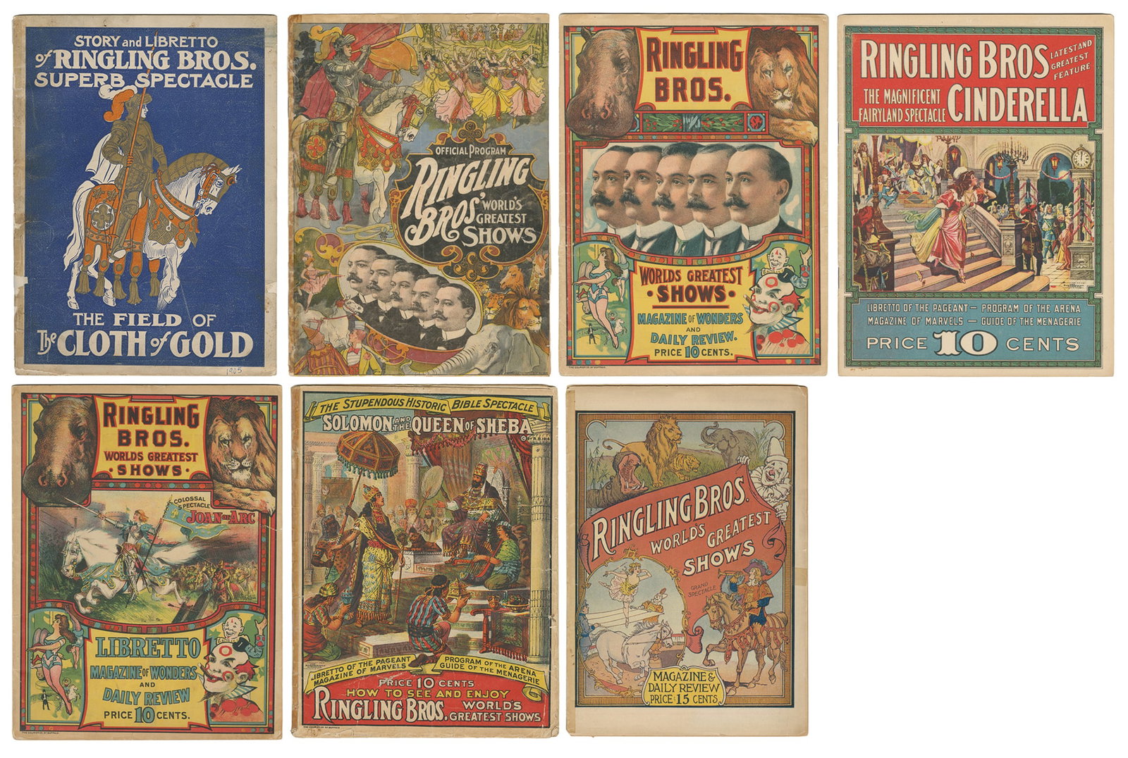 Ringling Bros. World's Greatest Shows. Group of 7 programs.: Ringling Bros. World's Greatest Shows. Group of 7 programs. V.p., 1905-18. Staple-bound color wrappers. Illustrated. 4tos. Includes: 1905 (The Field of the Cloth of Gold), 1906, 1909, 1913 (featuring 
