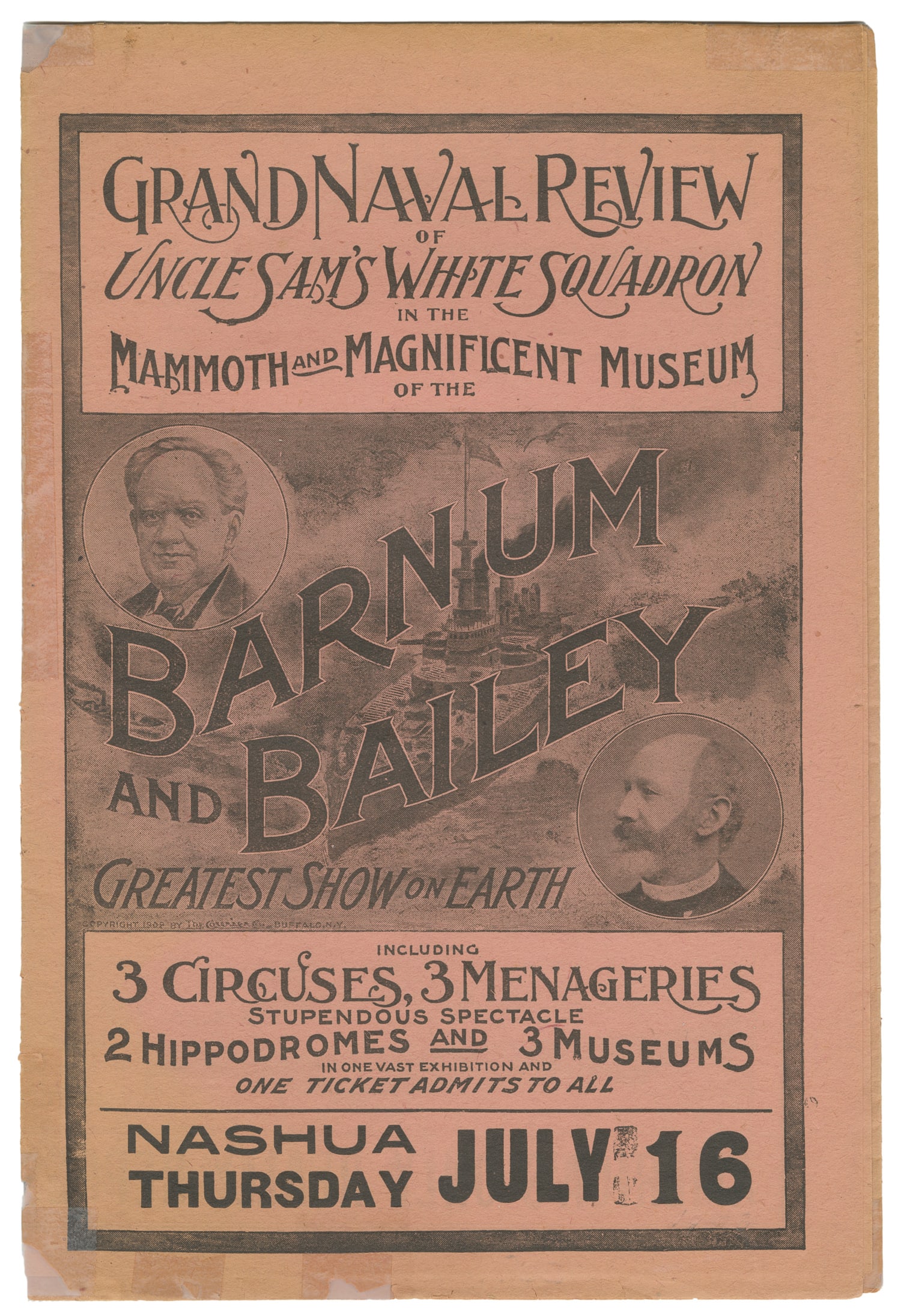 Barnum & Bailey. Grand Naval Review of Uncle Sam's White Squadron.: Barnum & Bailey. Grand Naval Review of Uncle Sam's White Squadron. Courier Co., Buffalo, 1903. Fold-out courier promoting Barnum & Bailey's Greatest Show on Earth. Folds open to advertise the "nationa