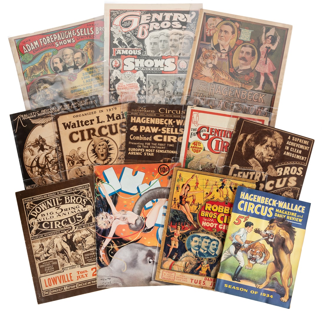 Group of 20 circus programs and couriers.: Group of 20 circus programs and couriers. Circa 1900s-30s. Collection of promotional and souvenir programs and couriers for various circuses, including Forepaugh & Sells, Hagenbeck-Wallace, Walter L. 