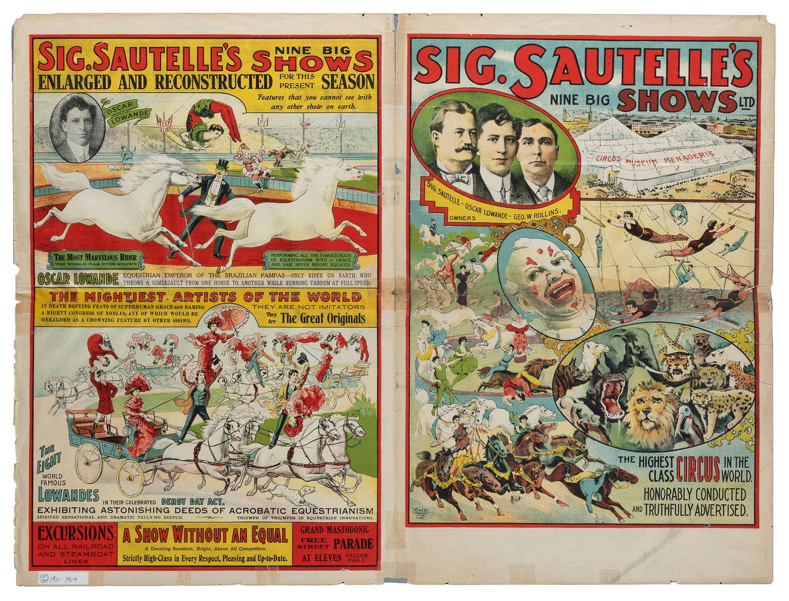 Sig. Sautelle's Nine Big Shows courier.: Sig. Sautelle's Nine Big Shows courier. Erie: Erie Lithography, ca. 1910s. Color printed courier features large illustrations of equestrians, clown and acrobatic acts as well as portraits of founders/