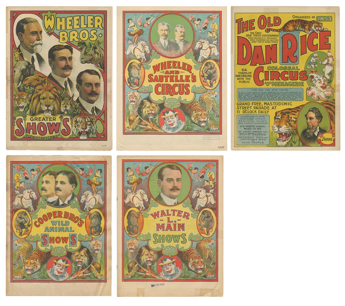 Group of 5 circus couriers.: Group of 5 circus couriers. Circa 1900s-30s. Original color lithographed covers (three credited by Erie Litho). Includes Wheeler Bros., Wheeler and Sautelle's, Cooper Bros., Walter L. Main, and The Ol
