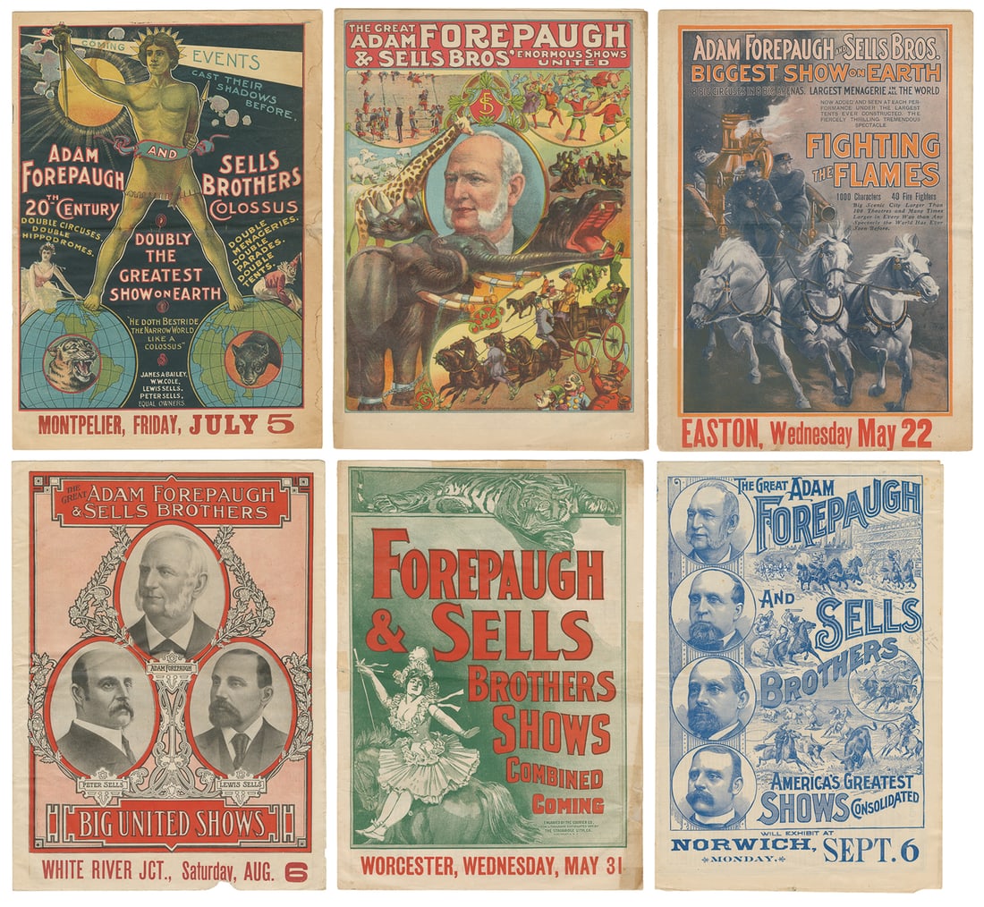 Adam Forepaugh & Sells Borhters Shows couriers (6).: Adam Forepaugh & Sells Borhters Shows couriers (6). 1890s-1910s. Six couriers, generally printed by the Courier Co., Buffalo, some with cover images by Strobridge Litho, Cincinnati. Size generally 14 