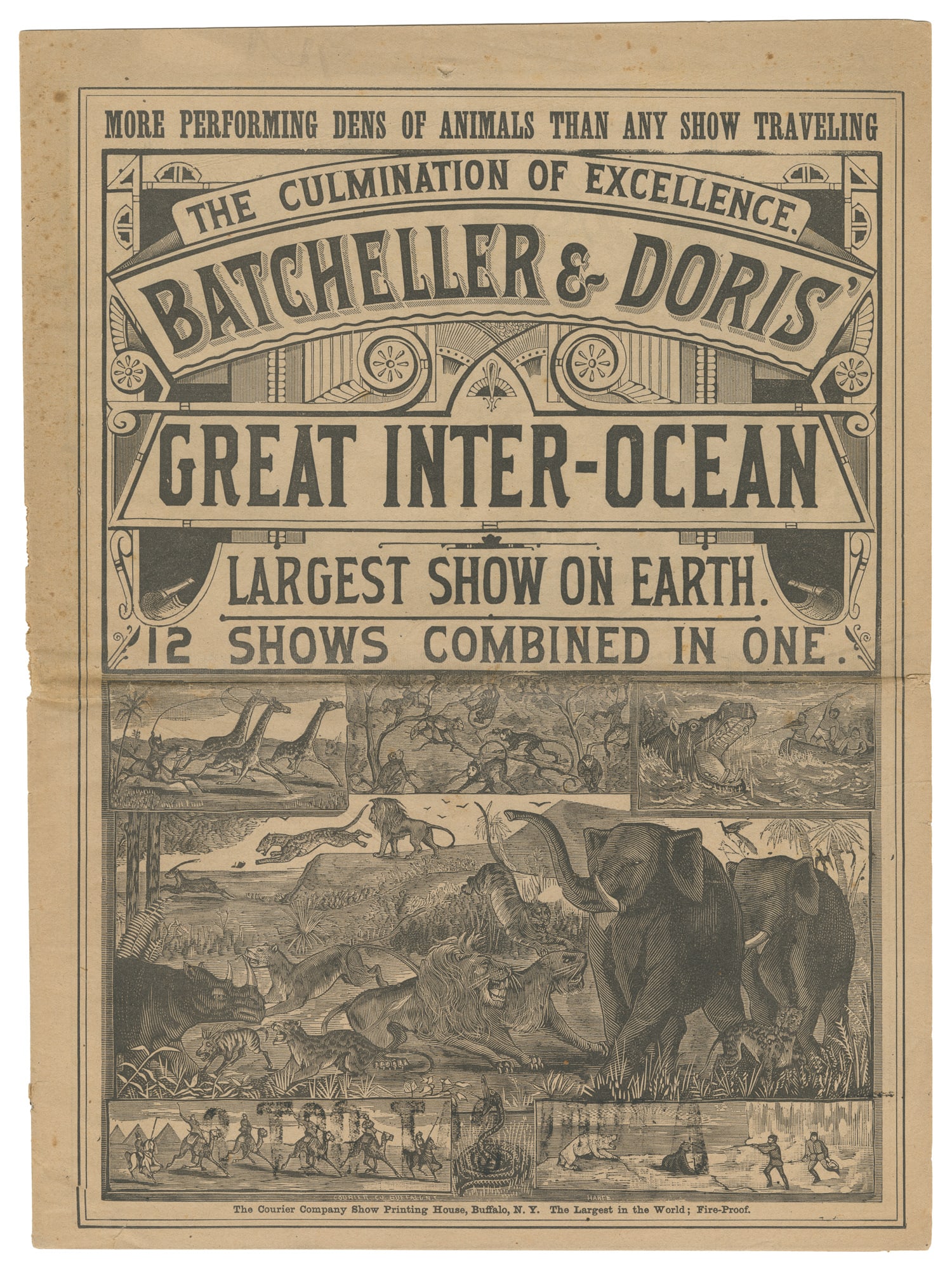 Batcheller & Doris' Great Inter-Ocean Show courier.: Batcheller & Doris' Great Inter-Ocean Show courier. Buffalo: Courier Co., (1881). Sixteen-page courier, original wrappers, illustrated with engraved vignettes throughout. 13 3/4 x 10 1/4".