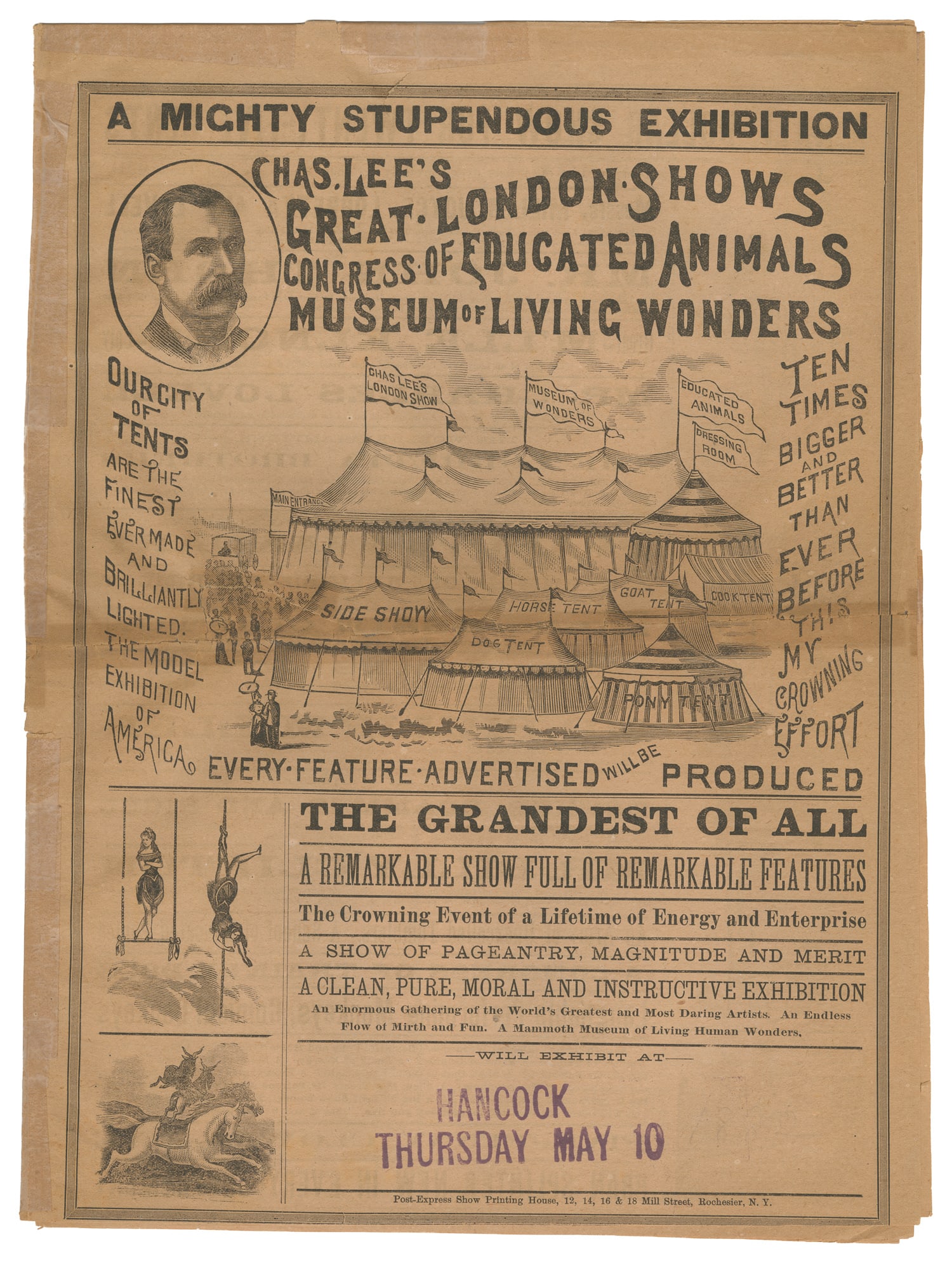 Chas. Lee's Great London Shows courier.: Chas. Lee's Great London Shows courier. Rochester: Post-Express Show Printing, (1882). Fold-out advertising this "congress of educated animals" and "museum of curiosities" to appear in Hancock, May, 1