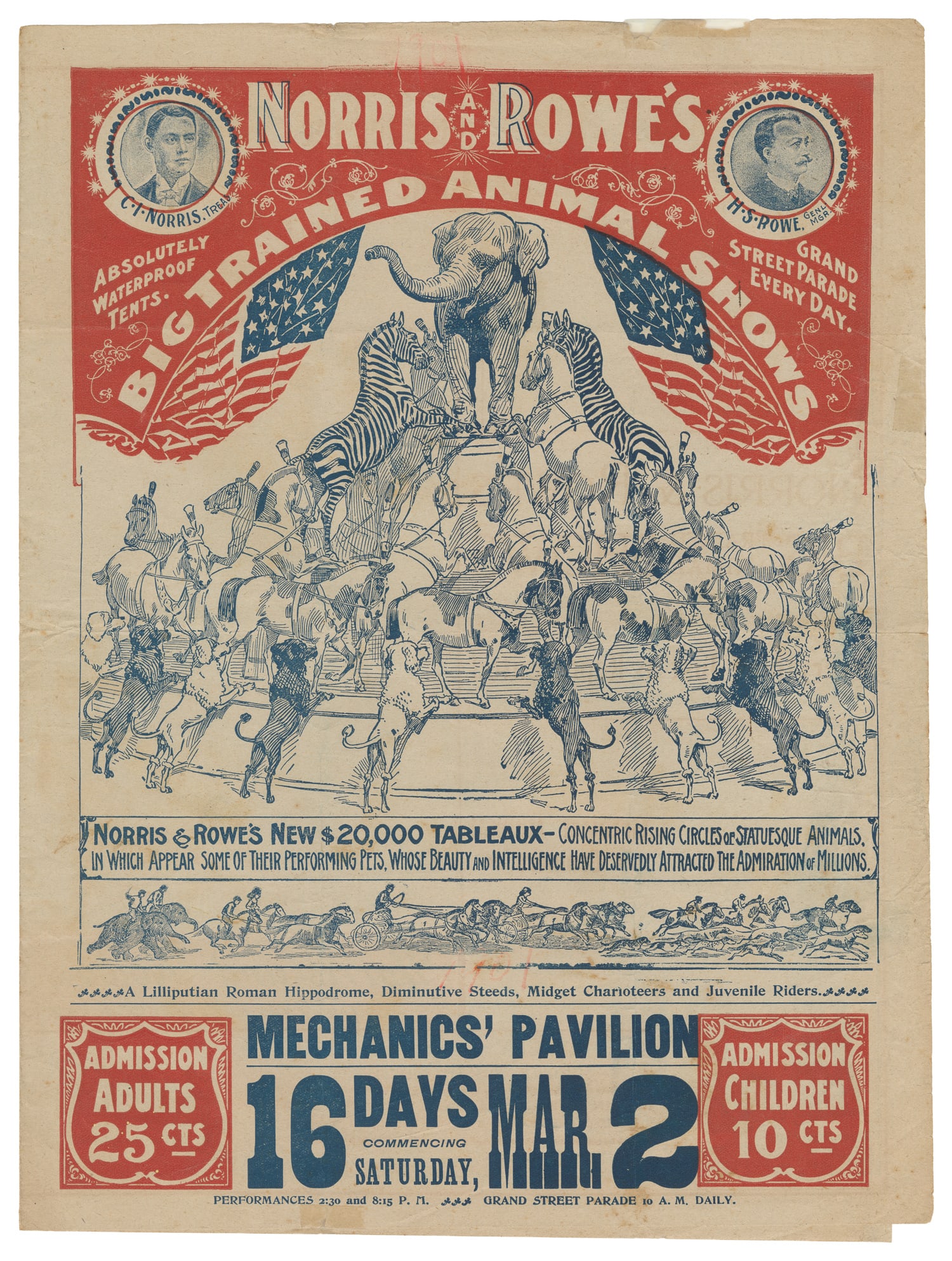 Norris and Rowe's Big Trained Animal Shows courier.: Norris and Rowe's Big Trained Animal Shows courier. N.p., ca. 1900. Courier, [4] pages, printed in red and black, illustrated with vignettes of various trained animal acts. 14 x 10 1/2".