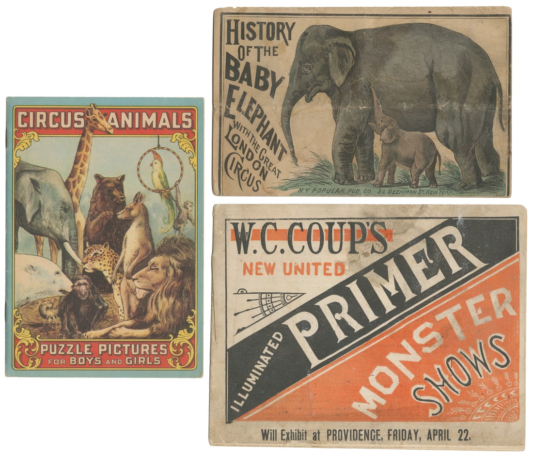 Group of six circus chapbooks and pamphlets.: Group of six circus chapbooks and pamphlets. Circa 1880s-1930s. Titles include: History of the Wonderful Baby Elephant. NY Popular Pub. Co., ca. 1880. W.C. Coup's New United Monster Shows. Illuminated