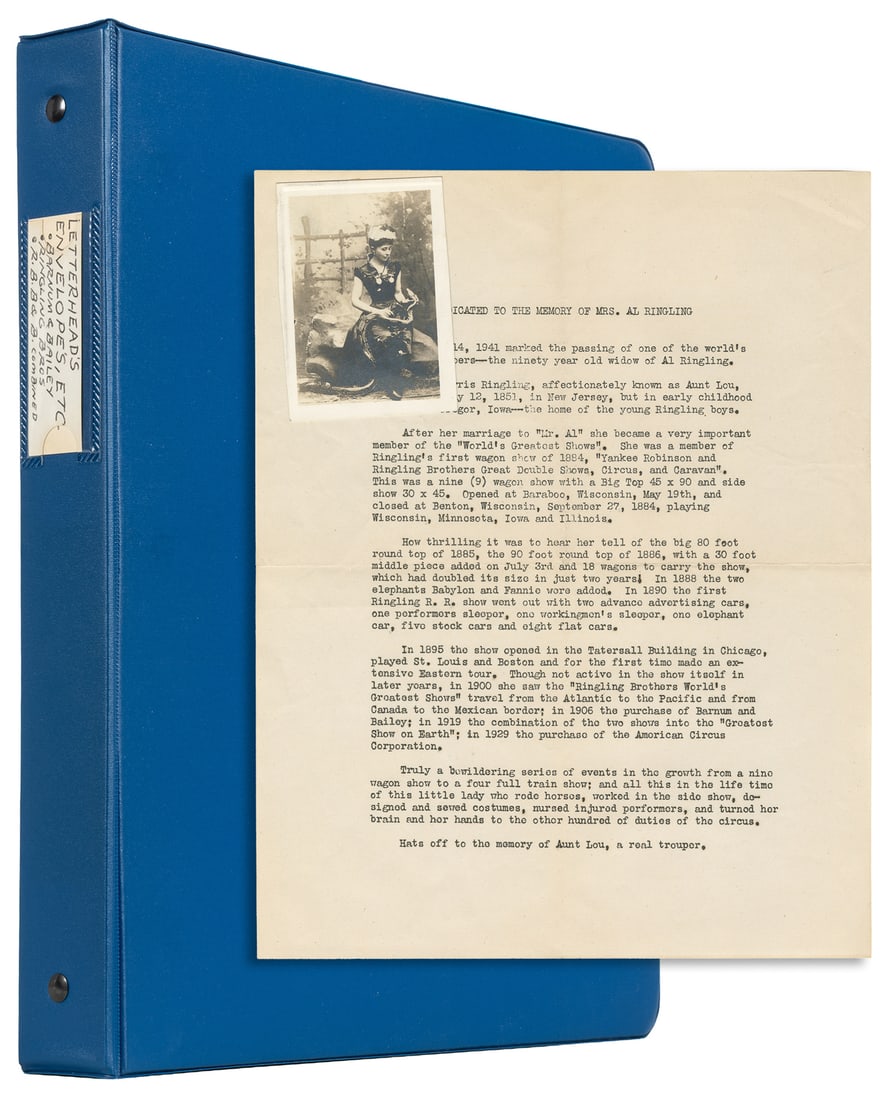 Binder of Ringling Bros., Barnum & Bailey, and R.B.B.B. letterhead and ephemera.: Binder of Ringling Bros. / R.B.B.B. letterhead and ephemera. Vp., v.d. (bulk early to mid-20th century). Approximately 56 items, including mailing covers, letters and letterhead, checks, and other