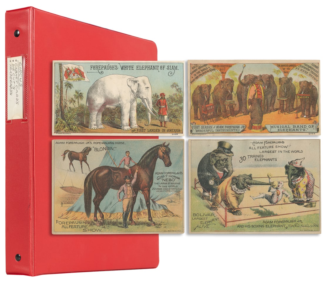 Circus die cuts and trade cards. Collection of 32.: Circus diecuts and trade cards. Collection of 32. V.p., bulk late 19th century. Including 27 trade cards, and 5 diecuts, advertising various circuses and circus acts, or otherwise feature circus