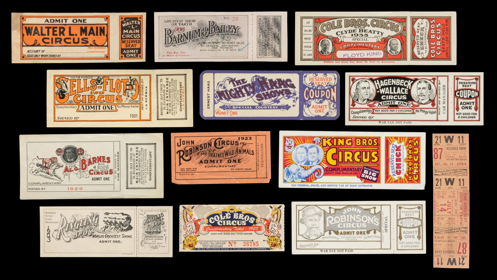 Display of 10 vintage circus tickets. (1 of 1)