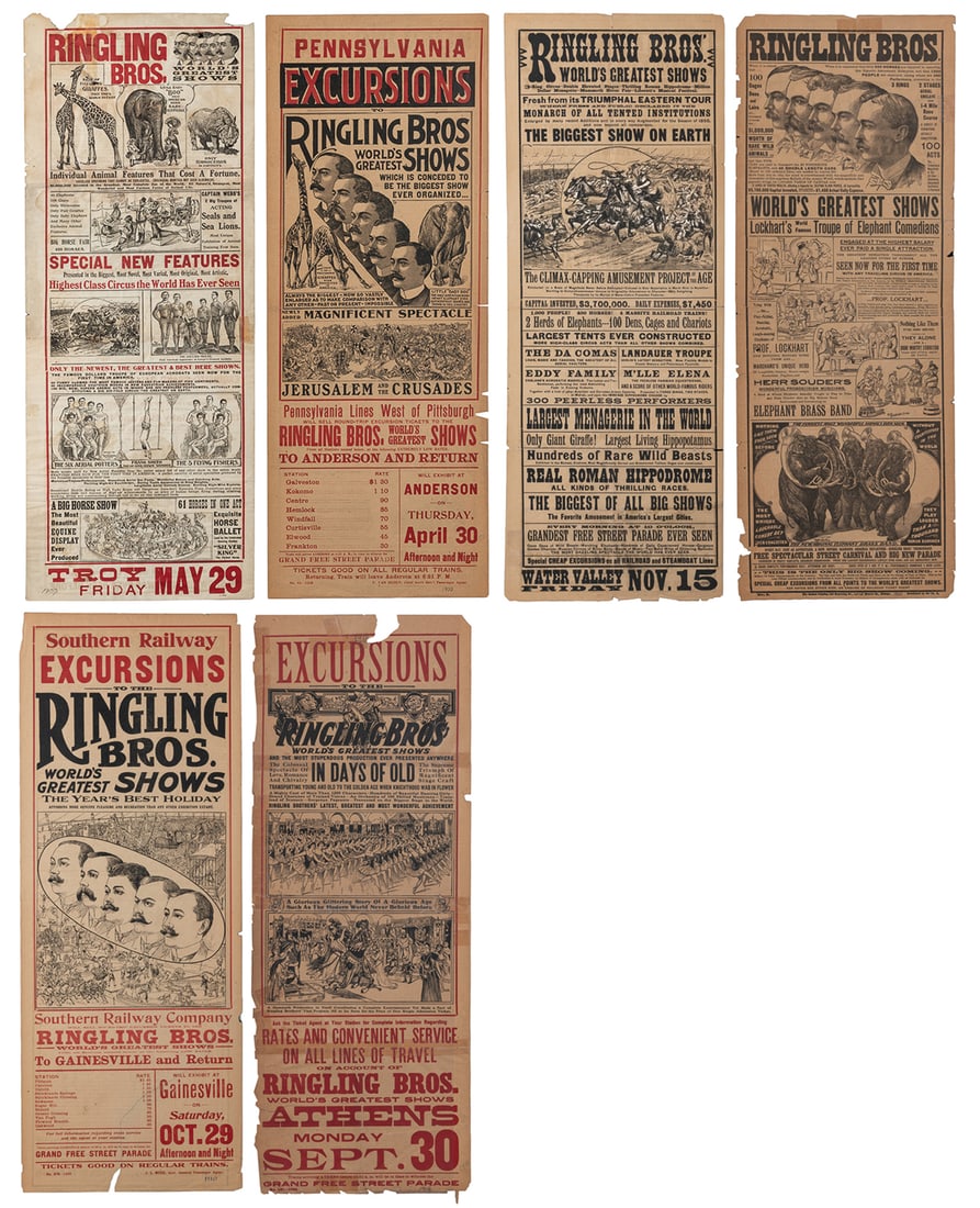 Ringling Bros. World's Greatest Shows. Six heralds.: Ringling Bros. World's Greatest Shows. Six heralds. 1890s-1910s. Six double-sided heralds promoting the circus, all illustrated, some printed in black and red. Size generally 28 x 10".
