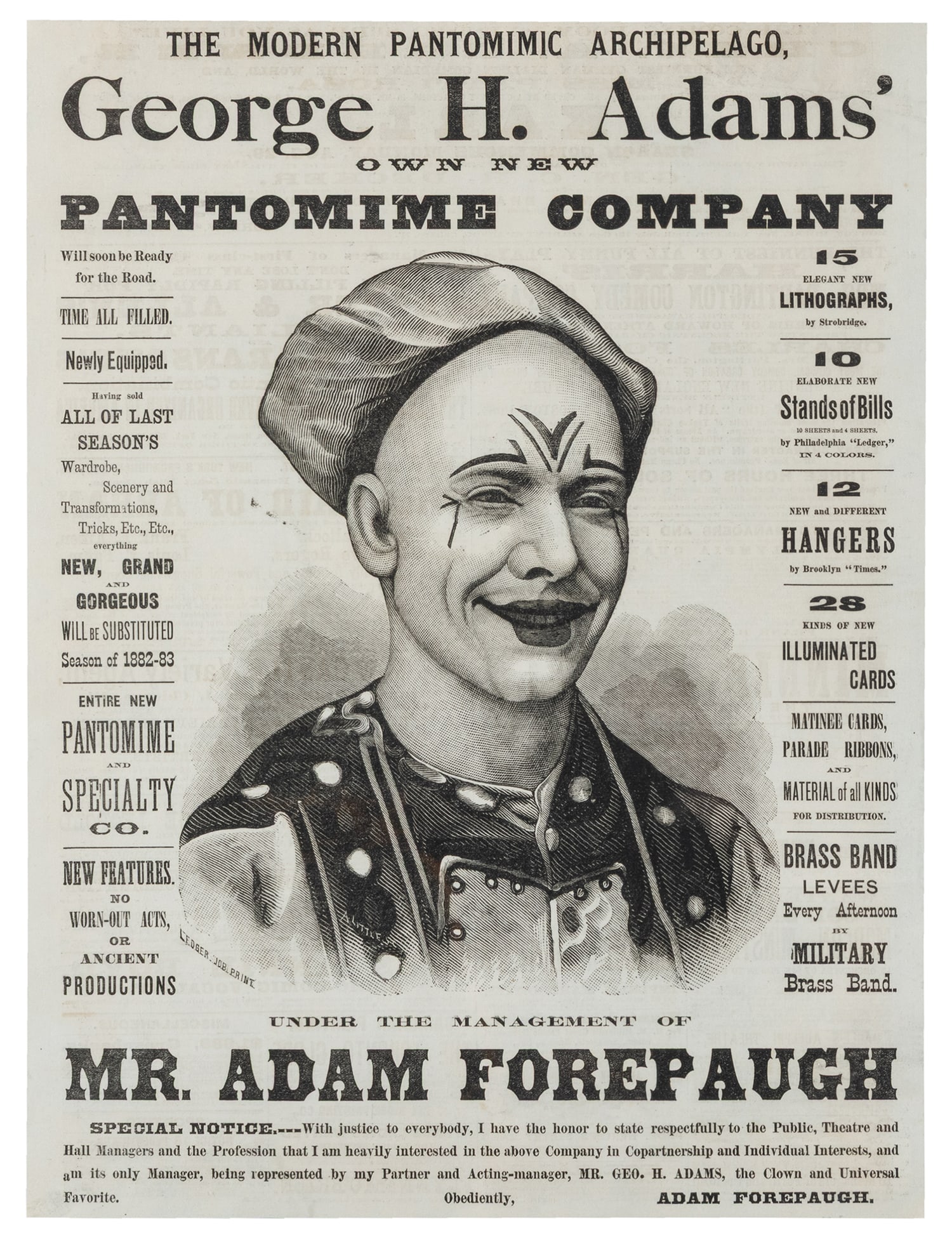 George H. Adams' own new Pantomime Company trade advertisement.: George H. Adams' own new Pantomime Company trade advertisement. Circa 1882. Large advertisement, double-sided, possibly trimmed from a larger sheet, for the pantomime company under the management of