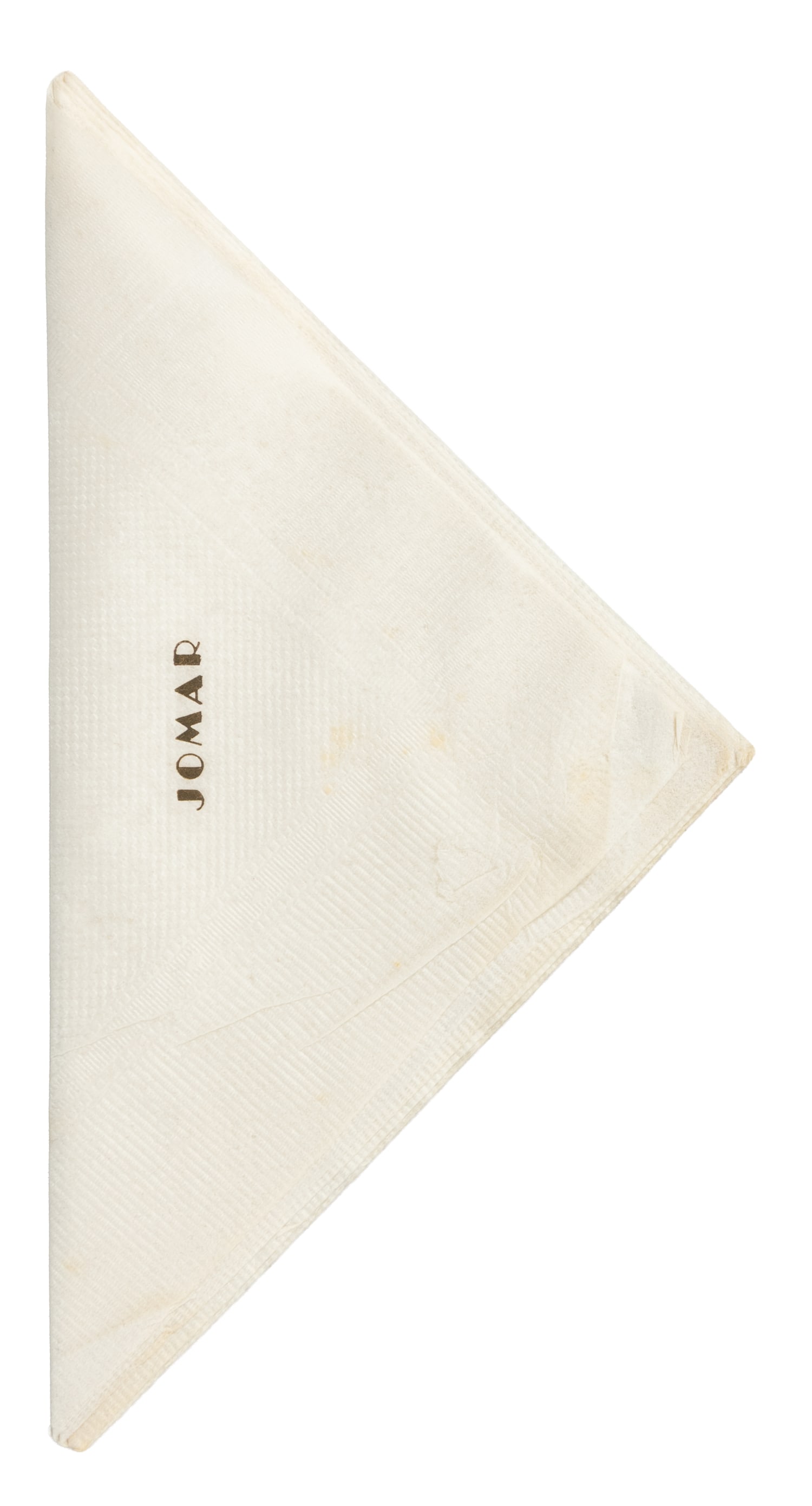 [RINGLING, John]. "Jomar" railroad car napkin.: [RINGLING, John]. "Jomar" railroad car napkin. Paper napkin lettered in gilt. These were produced and used in John and Mable Ringling's private railroad car. The name is a combination of John and Mabl