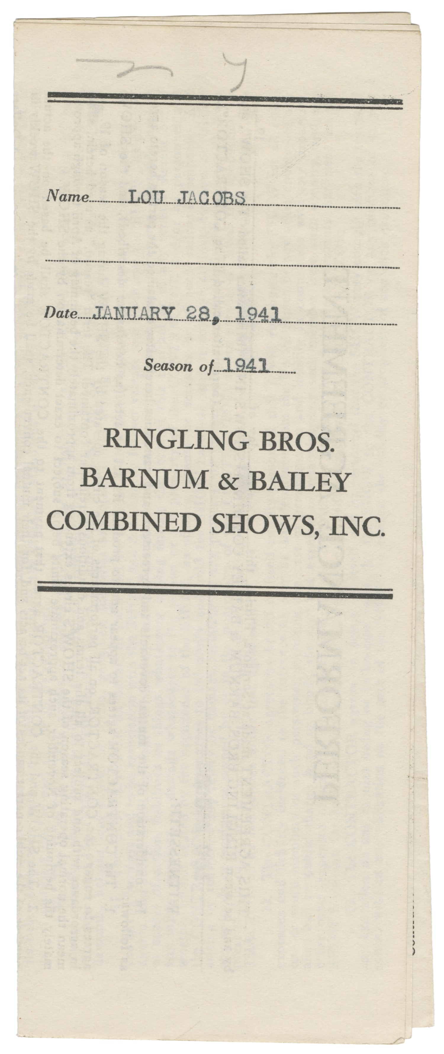 JACOBS, Lou (1903–1992). Signed Contract for Ringling Bros. Barnum & Bailey. 1941. (1 of 3)