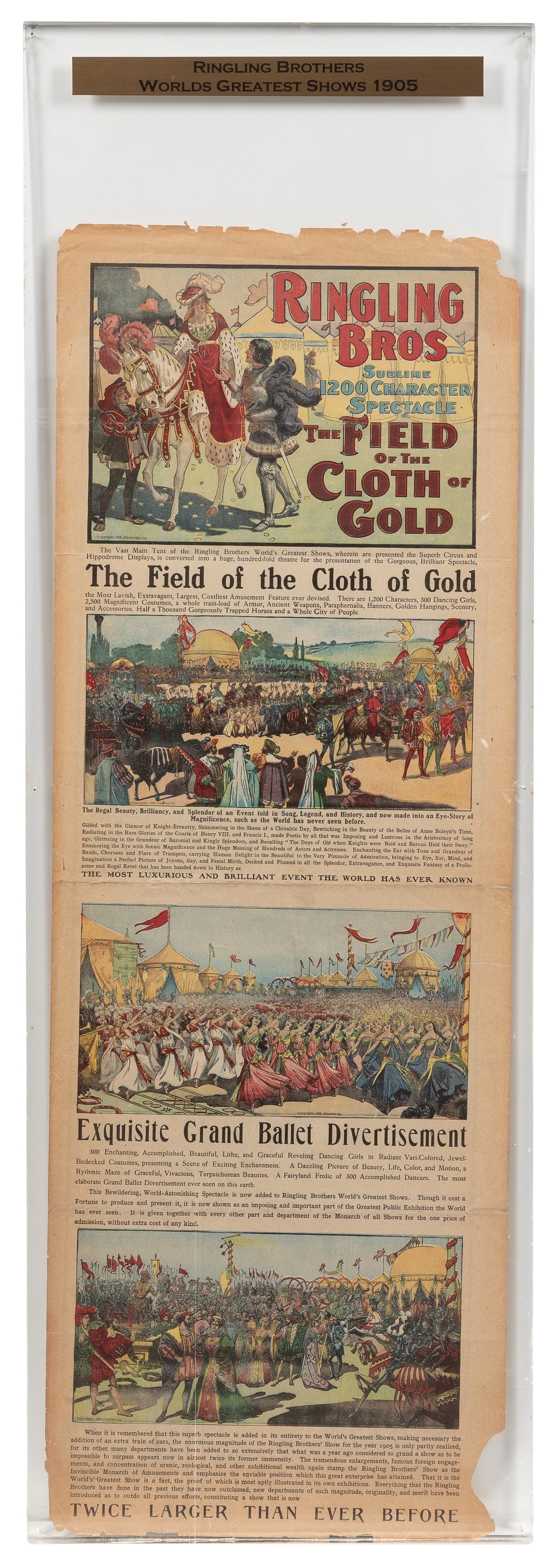 Ringling Bros. World's Greatest Shows broadisde / herald. 1905.: Ringling Bros. World's Greatest Shows broadisde / herald. 1905. Double-sided herald, one side printed in color. Overprint for show in Troy, Nov. 20. Encased in a heavy acrylic display. 32 3/4 x 11". 3
