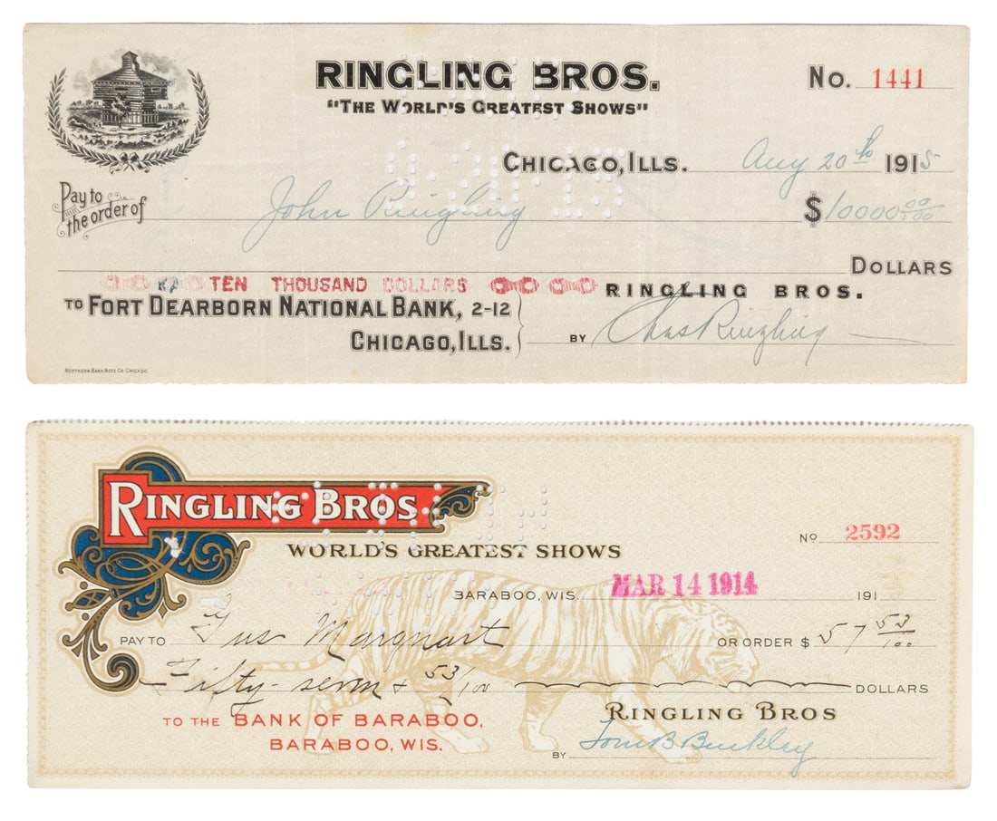 [RINGLING BROTHERS]. Group of 18 signed checks. (1 of 3)